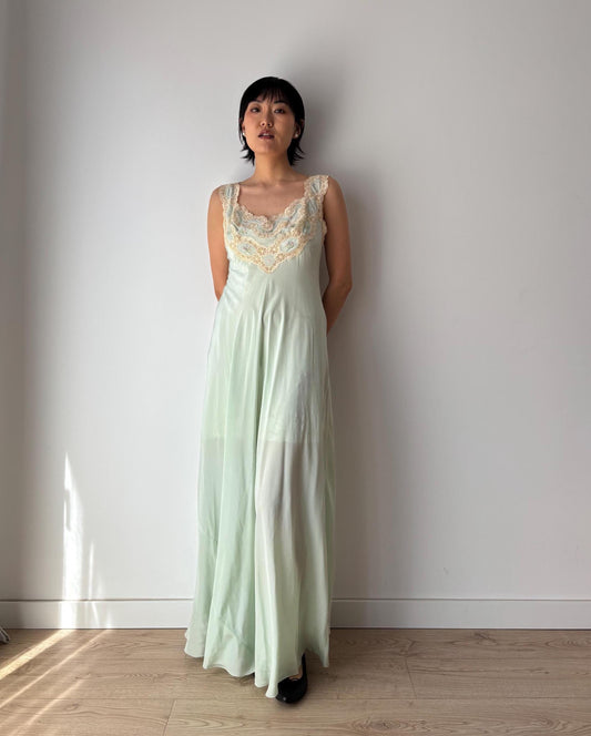 vintage 1940 mint pastel green lace silk crepe nightgown, cottagecore bridal dress, Antique green maxi dress