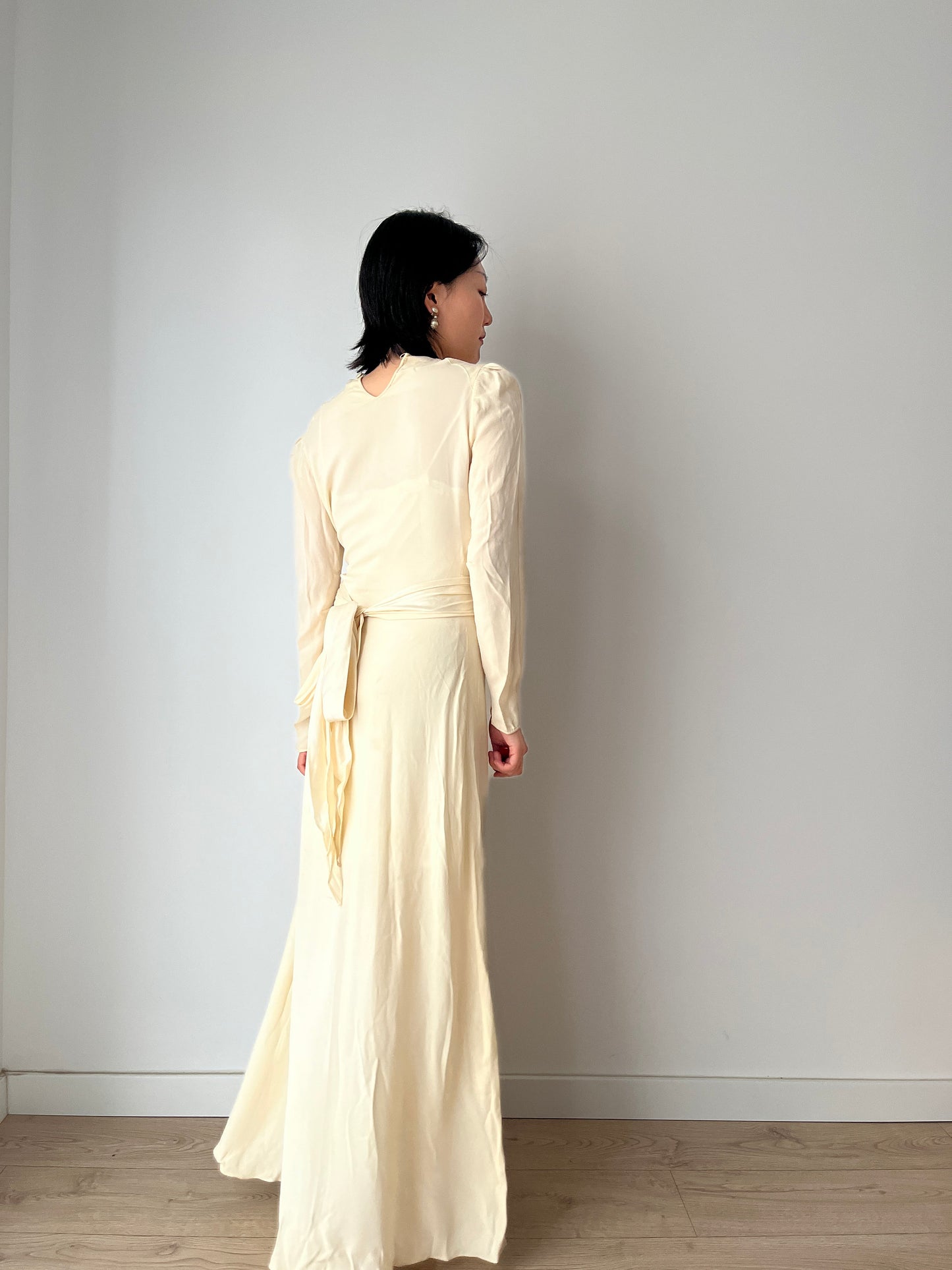 1930s Antique Bridal Lace Bias Cut Negligee Silk Satin Embroidered Wedding Dress