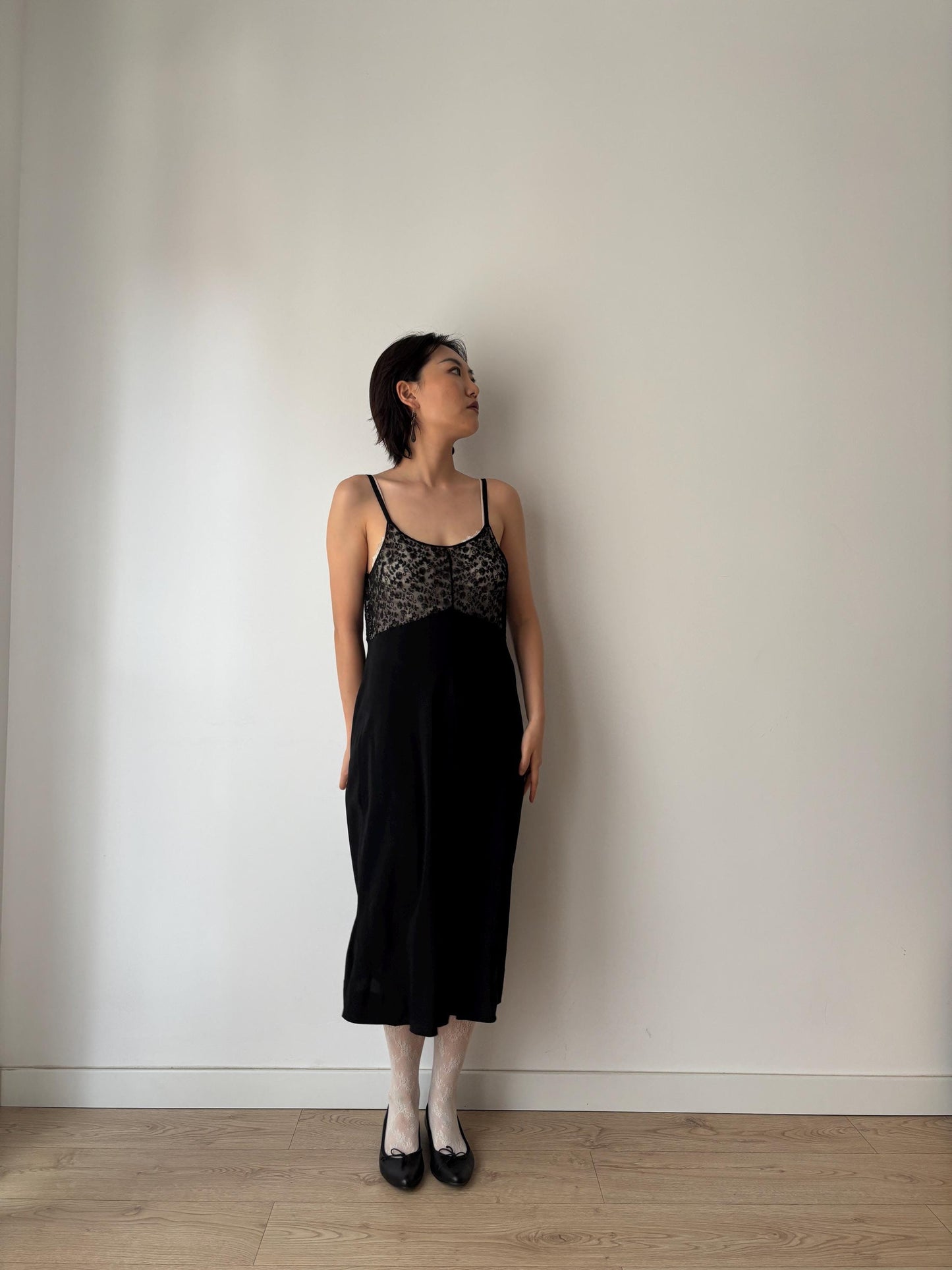 Antique 1930s 1940s black liquid satin pure silk lace art embroidered deco bias cut nightgown maxi slip under dress