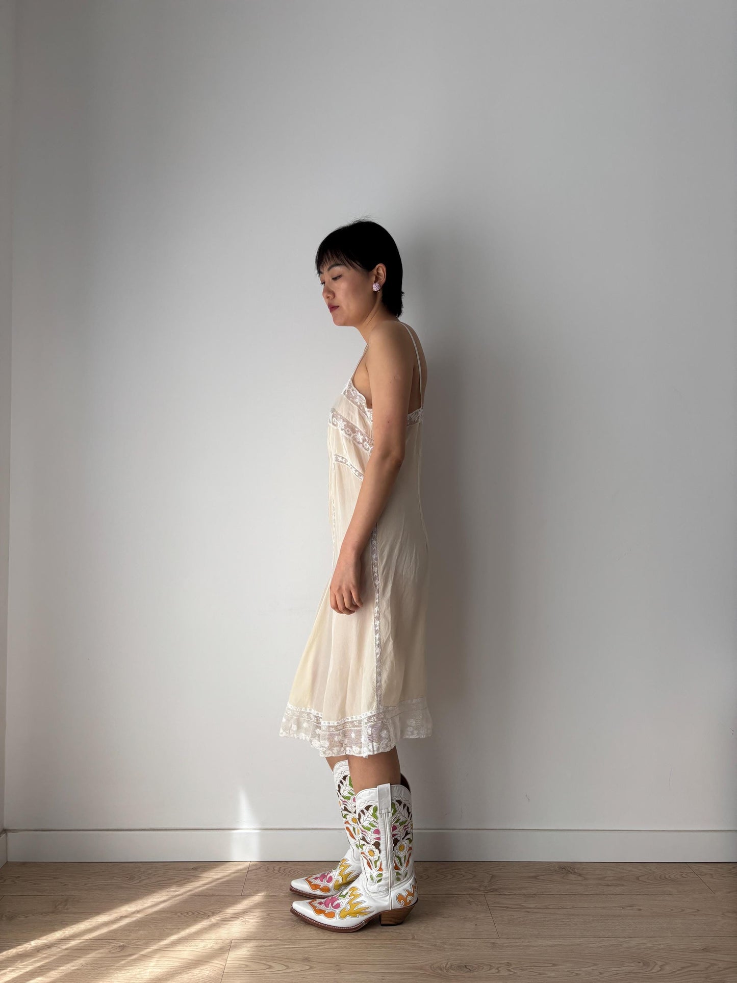 1920s 1930s Antique White Silk Edwardian Victorian Lace Slip dress