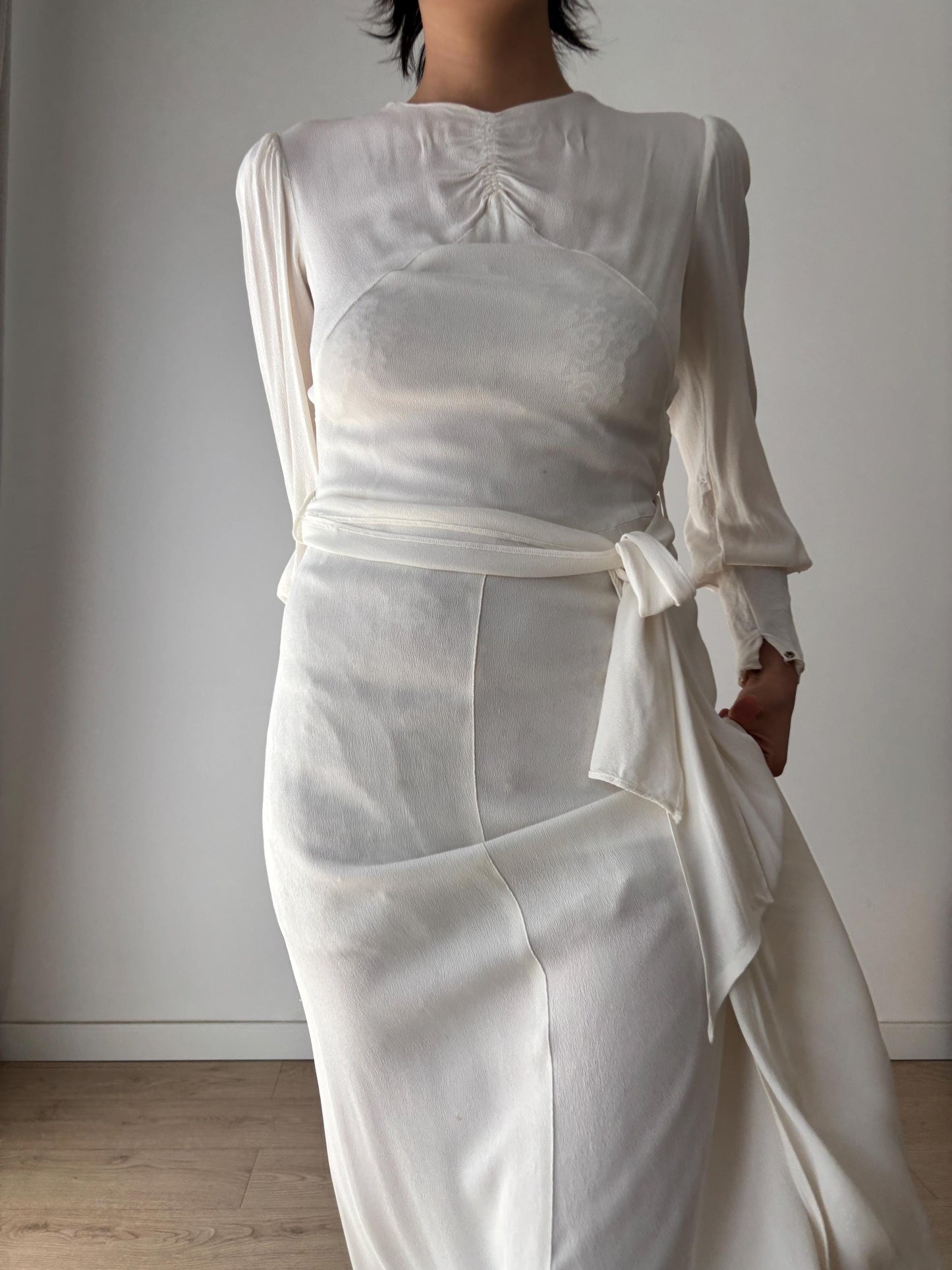 1930s Antique White 100% Silk Crepe Long Maxi Bridal dress, Vintage lace wedding dress