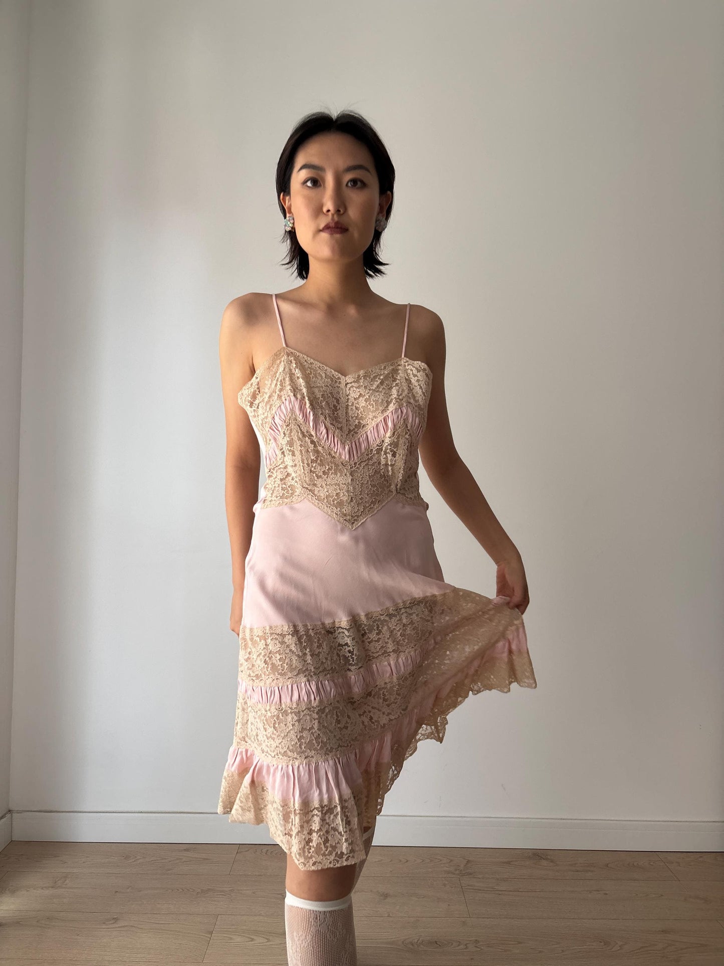 1940s 1950s Antique Pale Pink Lace Liquid Silk Satin Slip dress, Vintage lace mini dress