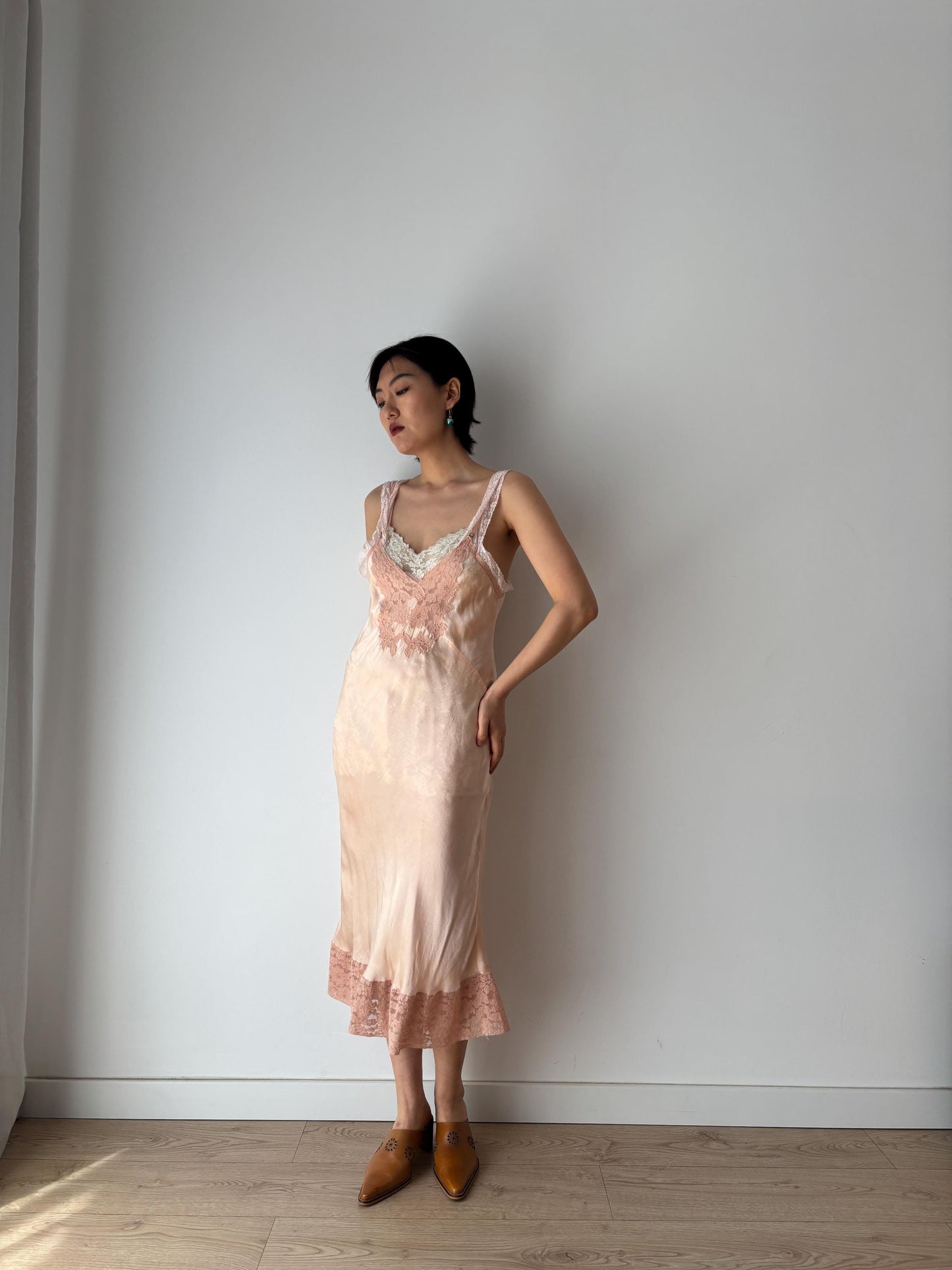 1930s 1940s Antique Pink Lace Liquid Silk Slip Romantic dress, Vintage lace mini dress