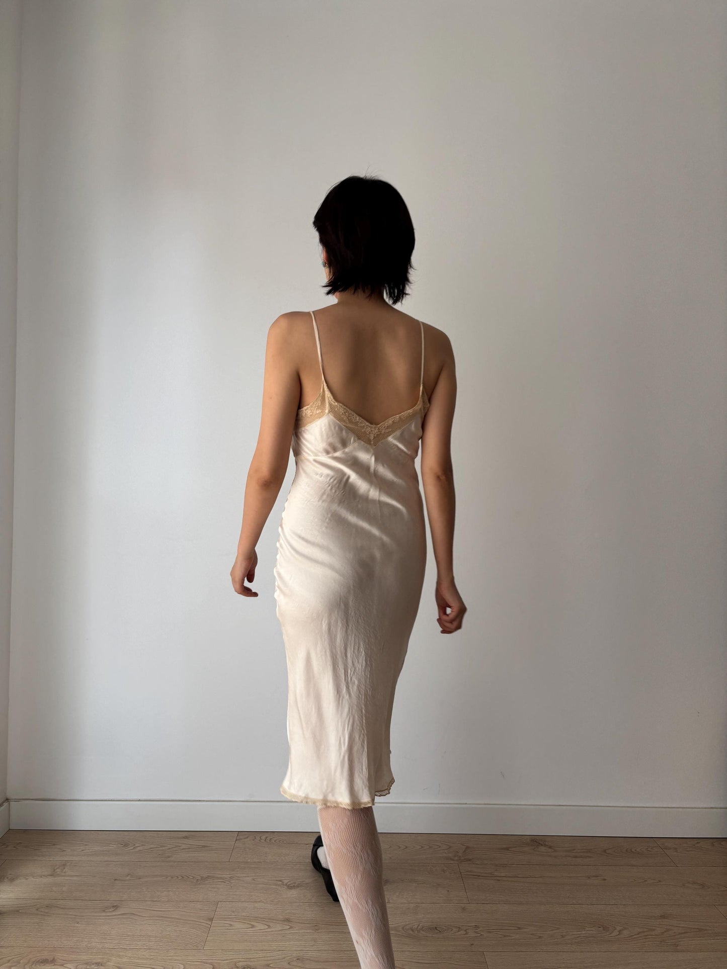 1930s 1920s Antique Pastel Pink Flower bow print Embroidered Lace Silk Satin Slip dress