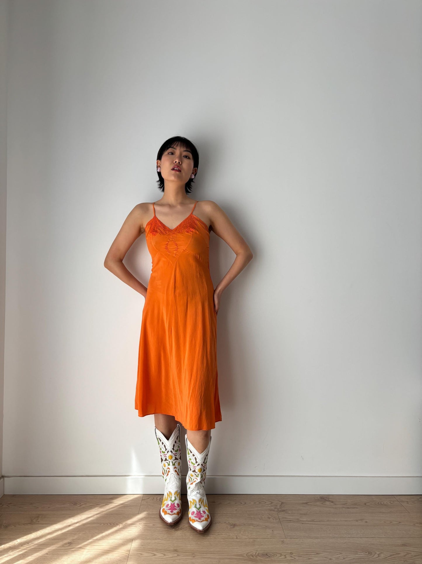 1920s 1930s 100% Silk Orange Bow Appliqué Embroidered Slip dress