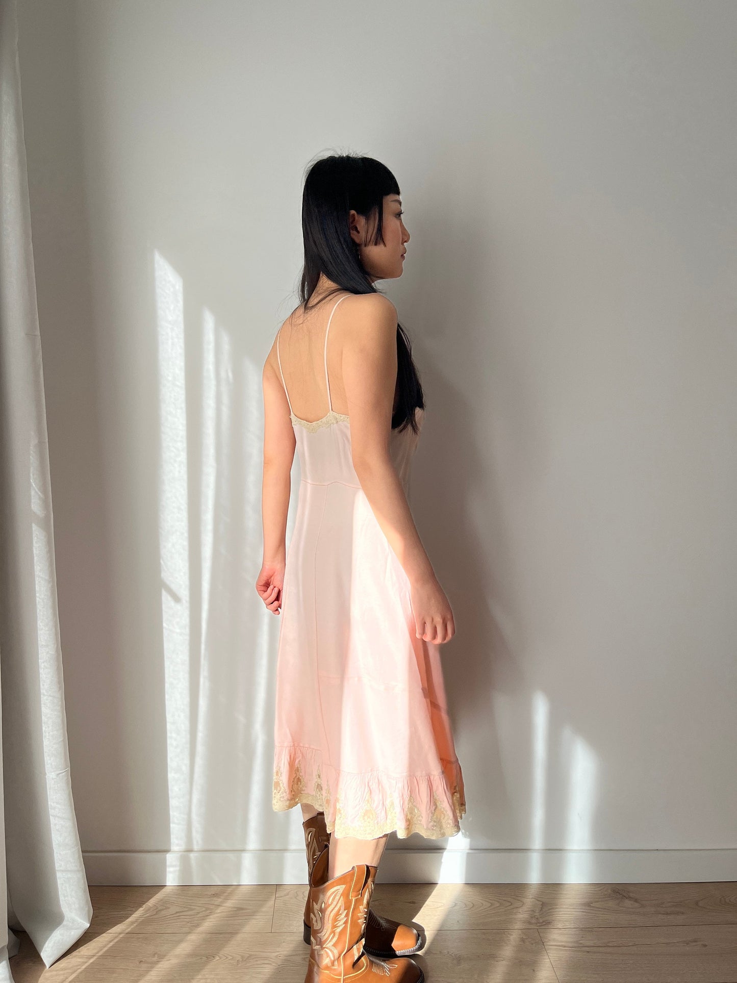 1930s Antique Pastel Pink Lace Liquid Crepe Silk Slip dress, Vintage lace mini dress