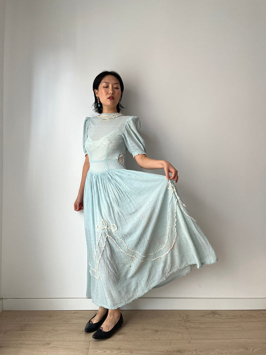 Vintage 1930s Blue Lace Bow Liquid Pure Silk Crepe Embroidered Tailored Handmade Dress
