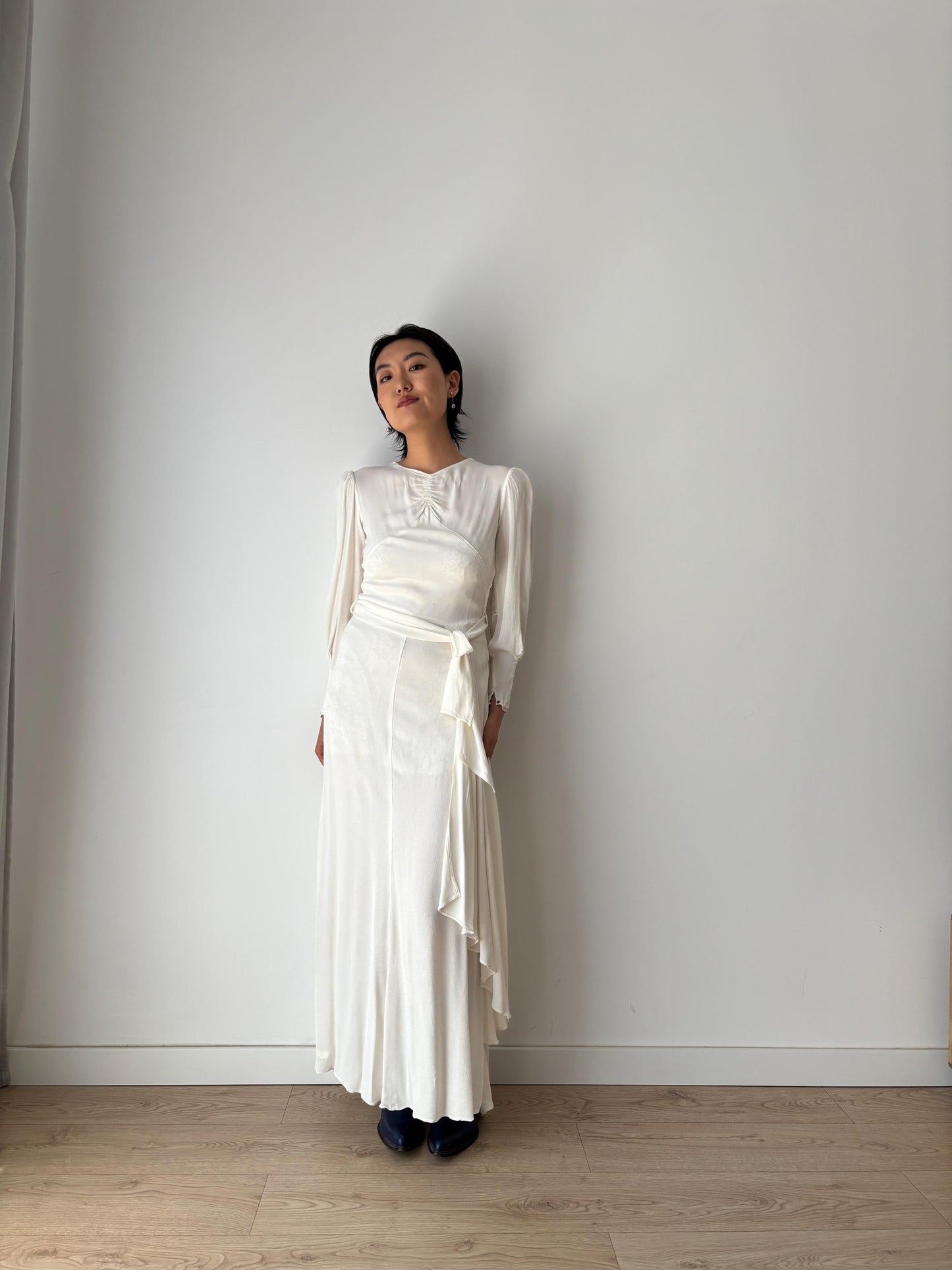 1930s Antique White 100% Silk Crepe Long Maxi Bridal dress, Vintage lace wedding dress