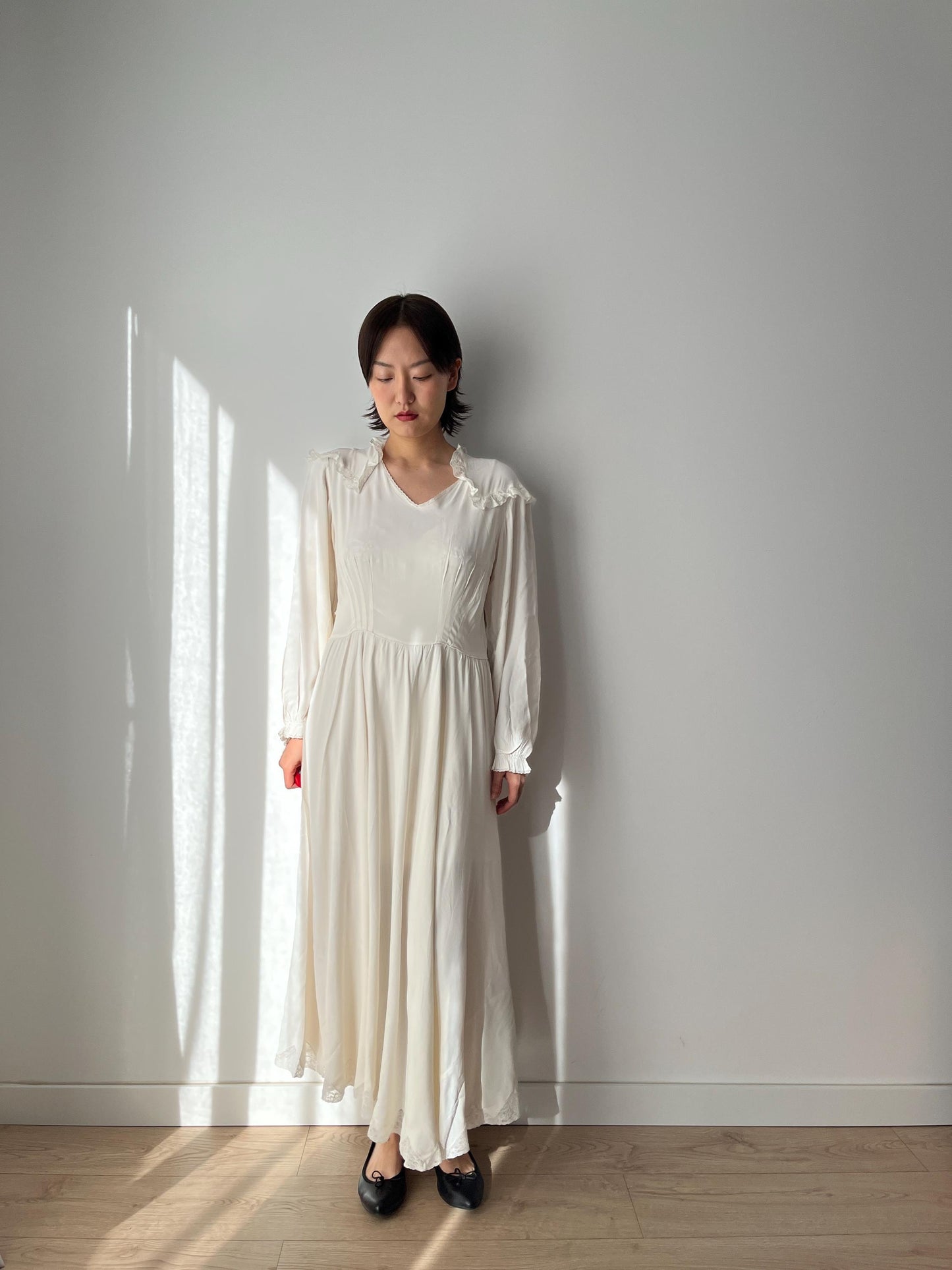 1940s Antique Lace White 100% Pure Silk Liquid Satin Long Maxi dress