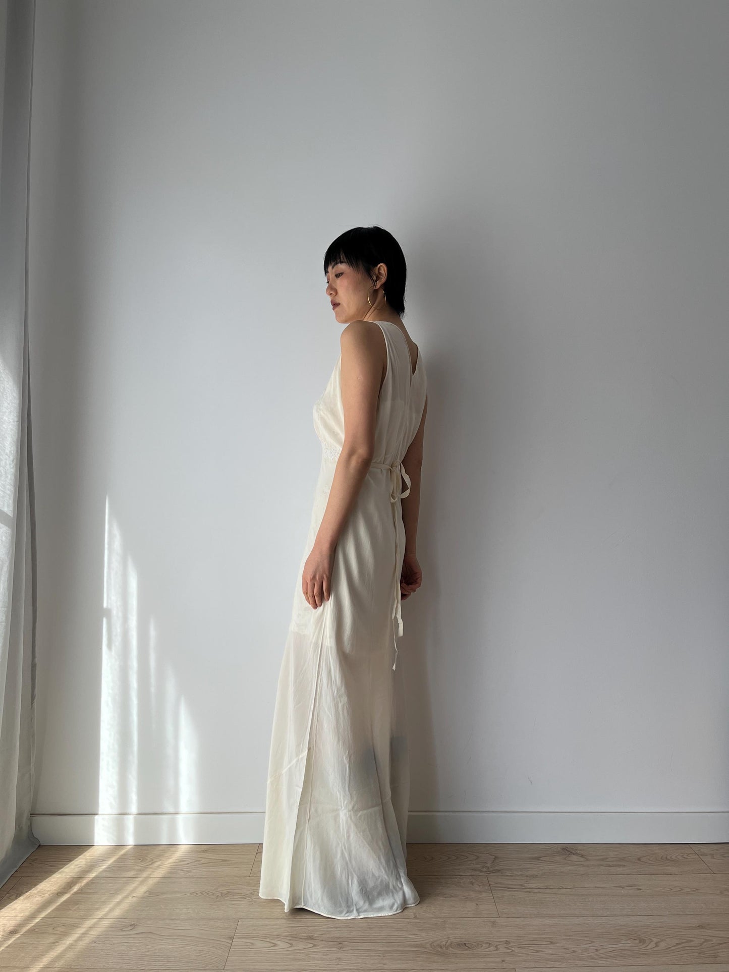 1930s Antique Bridal Lace Bias Cut Negligee Silk Satin Embroidered Nightgown