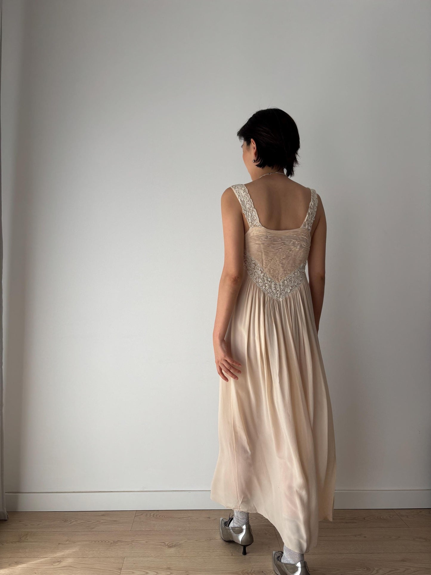 1930s Antique Pure Silk Crepe Embroidered Romantic Lace Bridal Dress