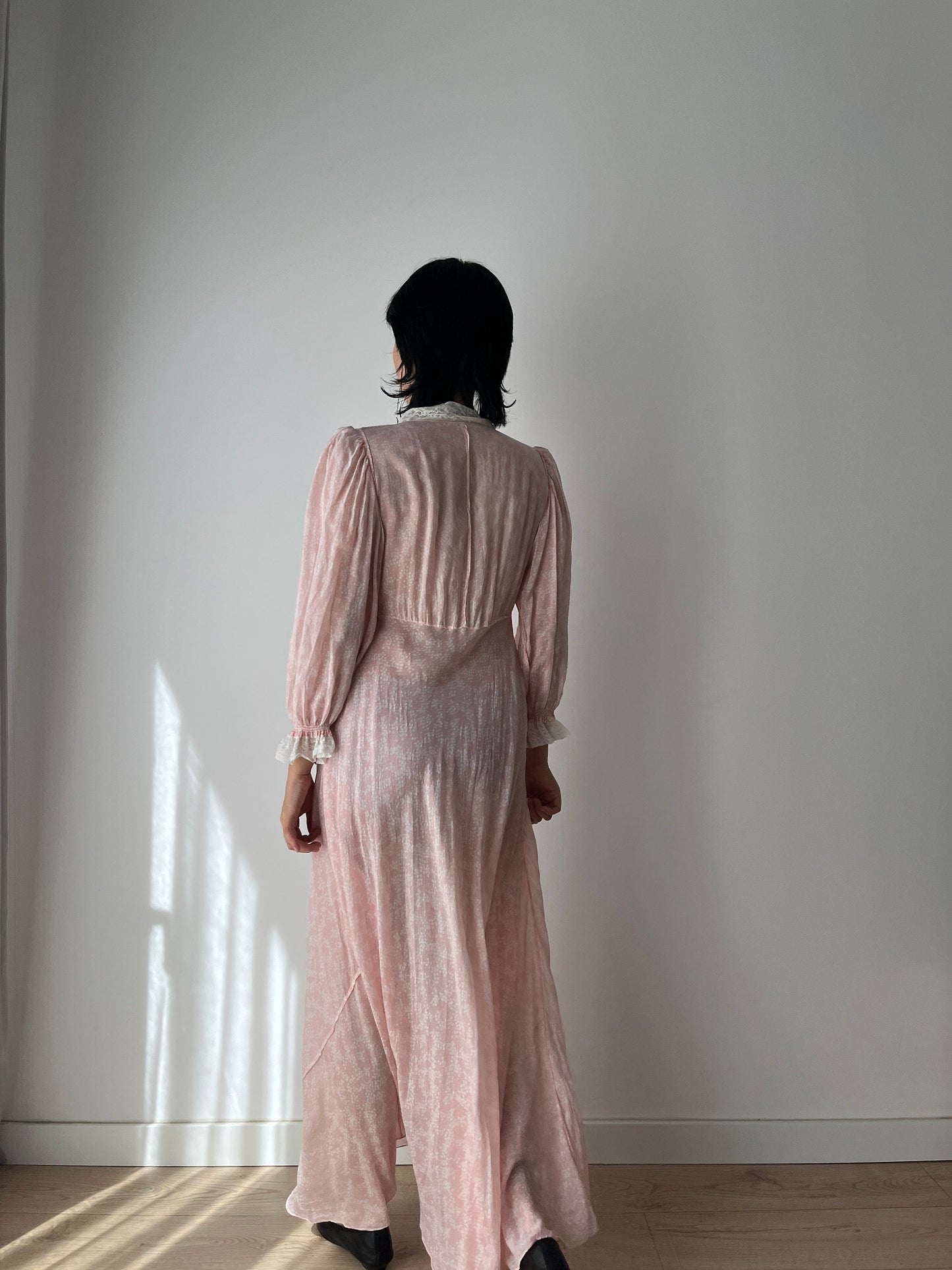 Antique 1940s bias cut liquid pure silk chiffon nightdress, Embroidered art deco pink maxi dress