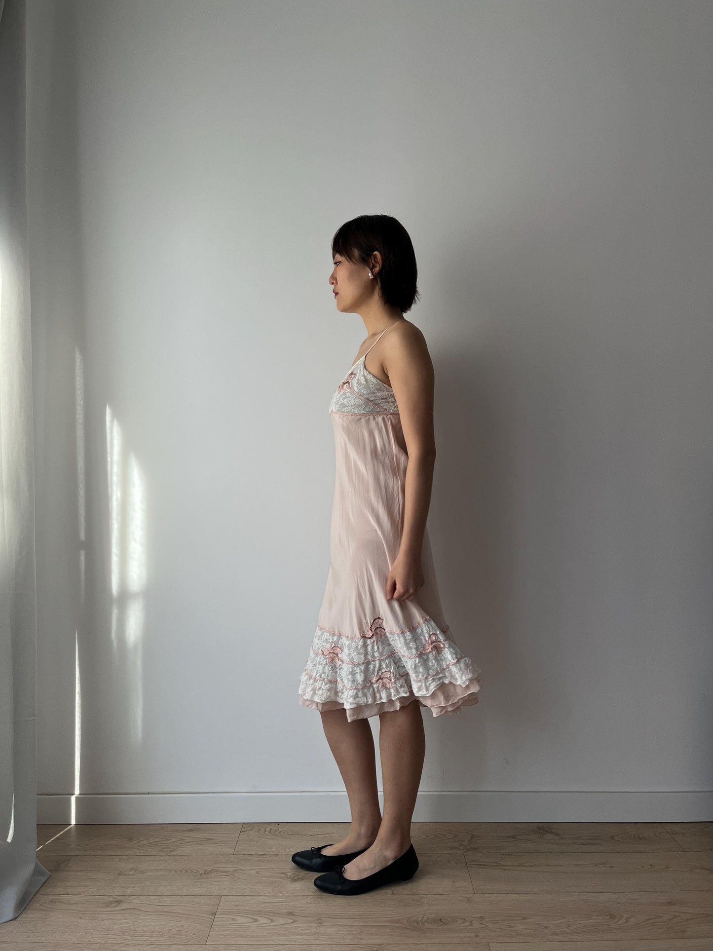 1930s Antique Pastel Pink Lace Liquid Crepe Silk Slip dress, Vintage lace mini dress