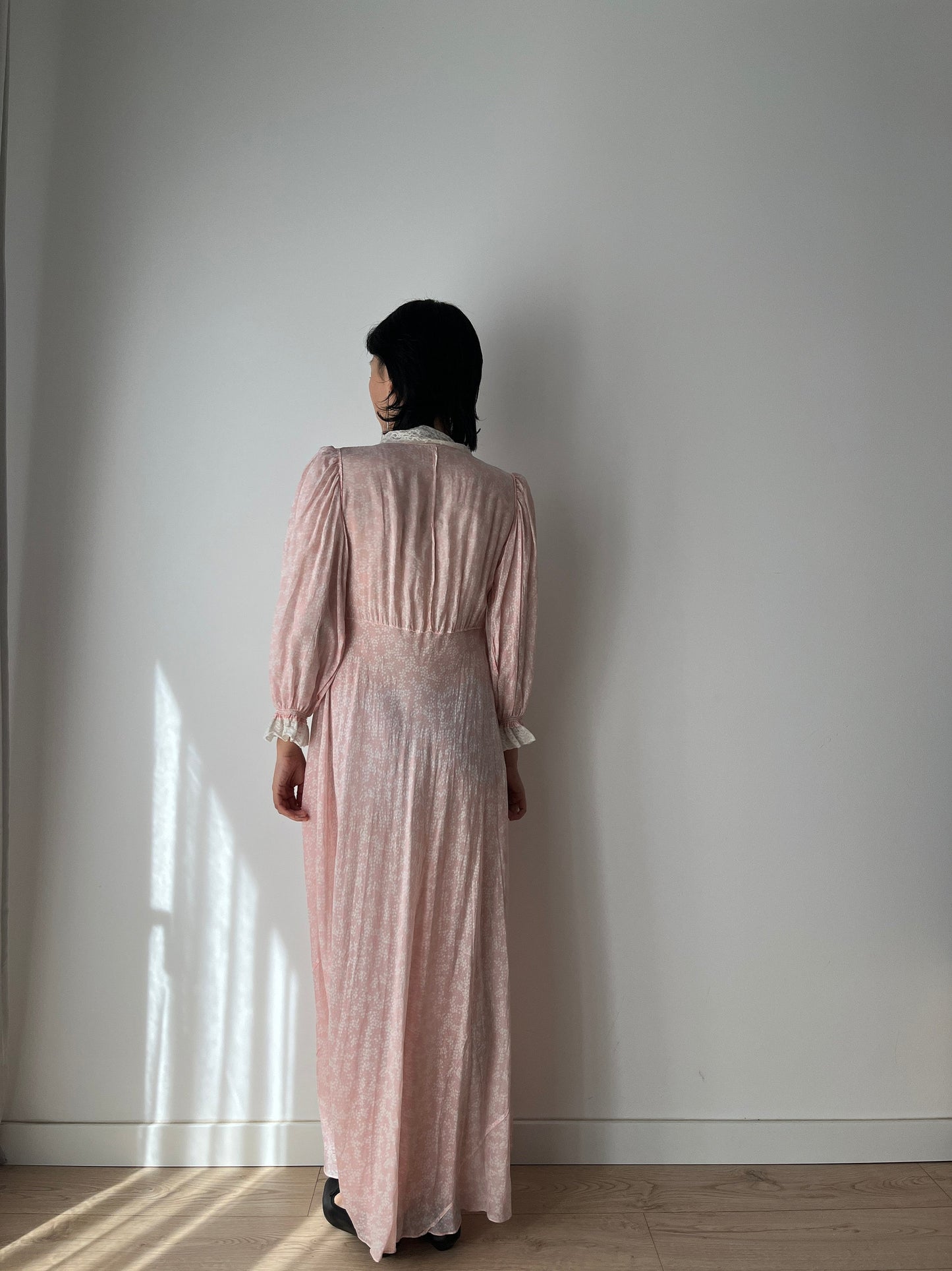 Antique 1940s bias cut liquid pure silk chiffon nightdress, Embroidered art deco pink maxi dress