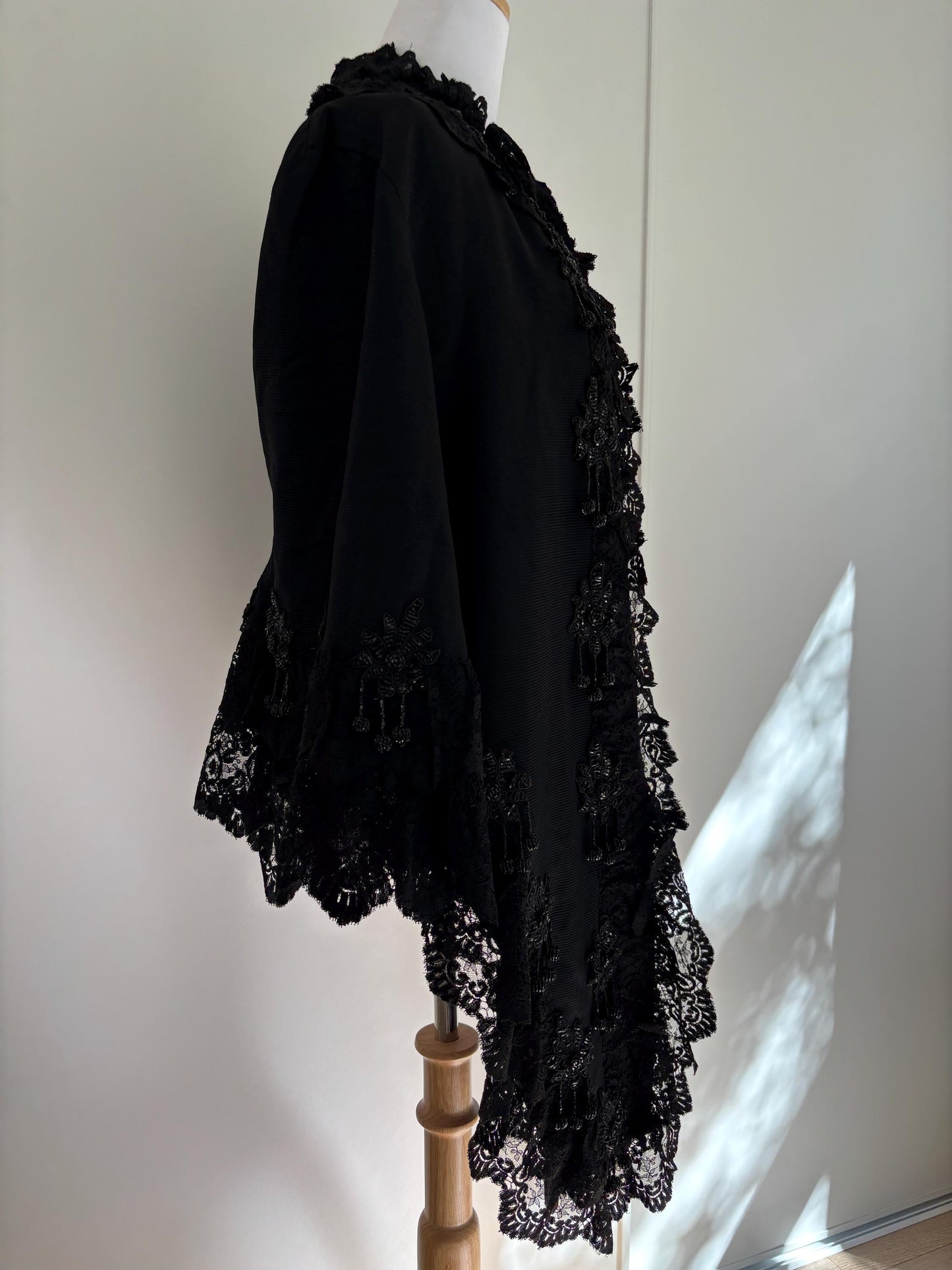 Antique 1900French beaded Silk cape with embroidery, Victorian black cape rich lace