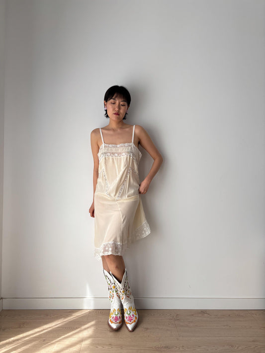 1920s 1930s Antique White Silk Edwardian Victorian Lace Slip dress