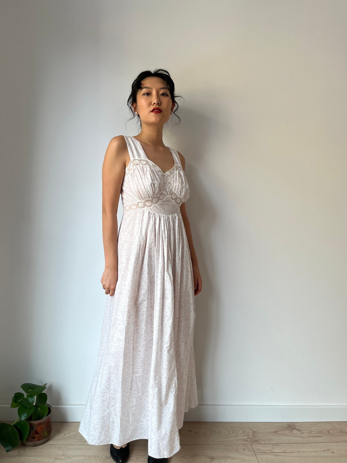 vintage 1950s pink floral print cotton lace ribbon art deco dress, romantic parisian nightgown