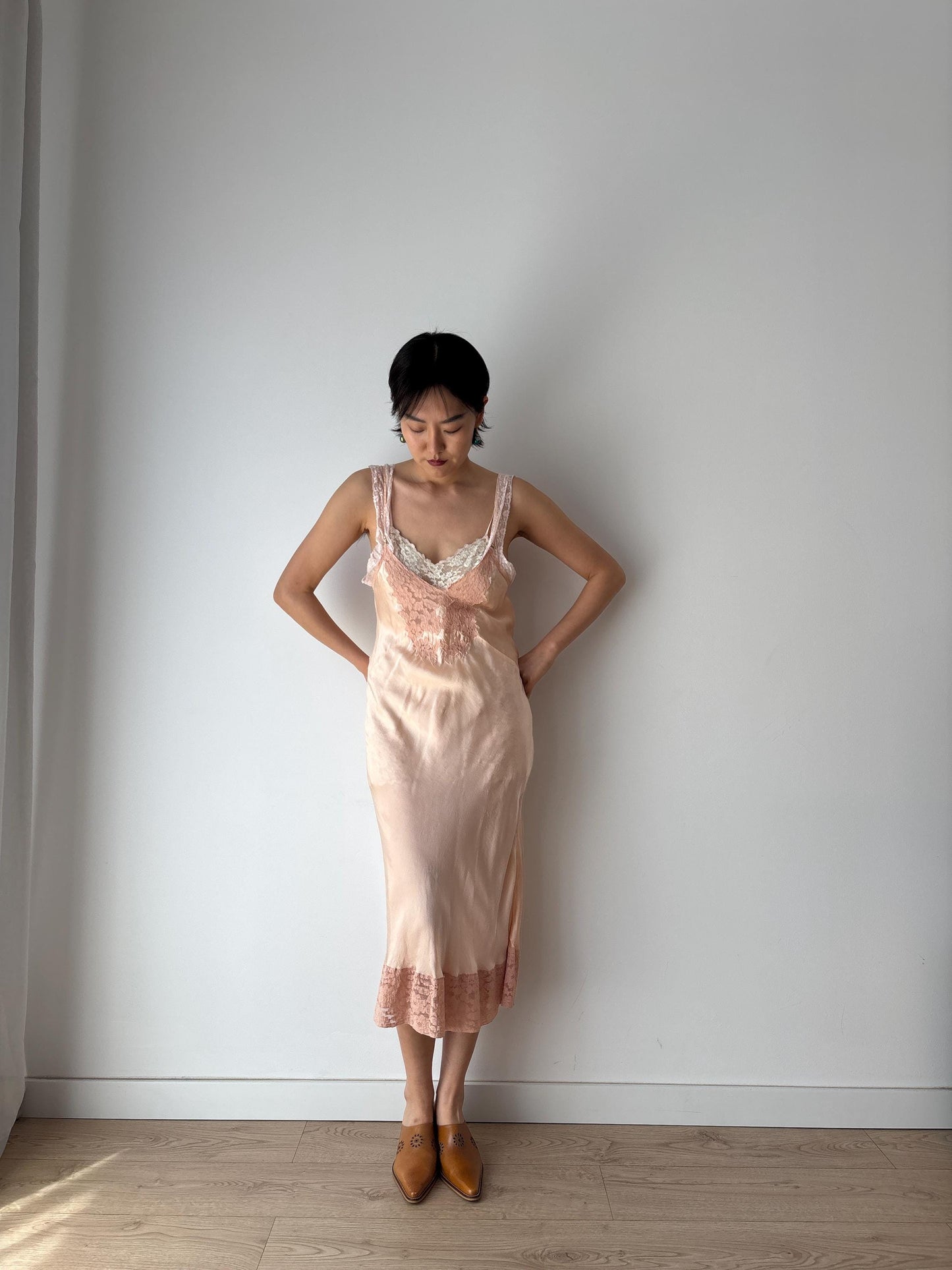 1930s 1940s Antique Pink Lace Liquid Silk Slip Romantic dress, Vintage lace mini dress