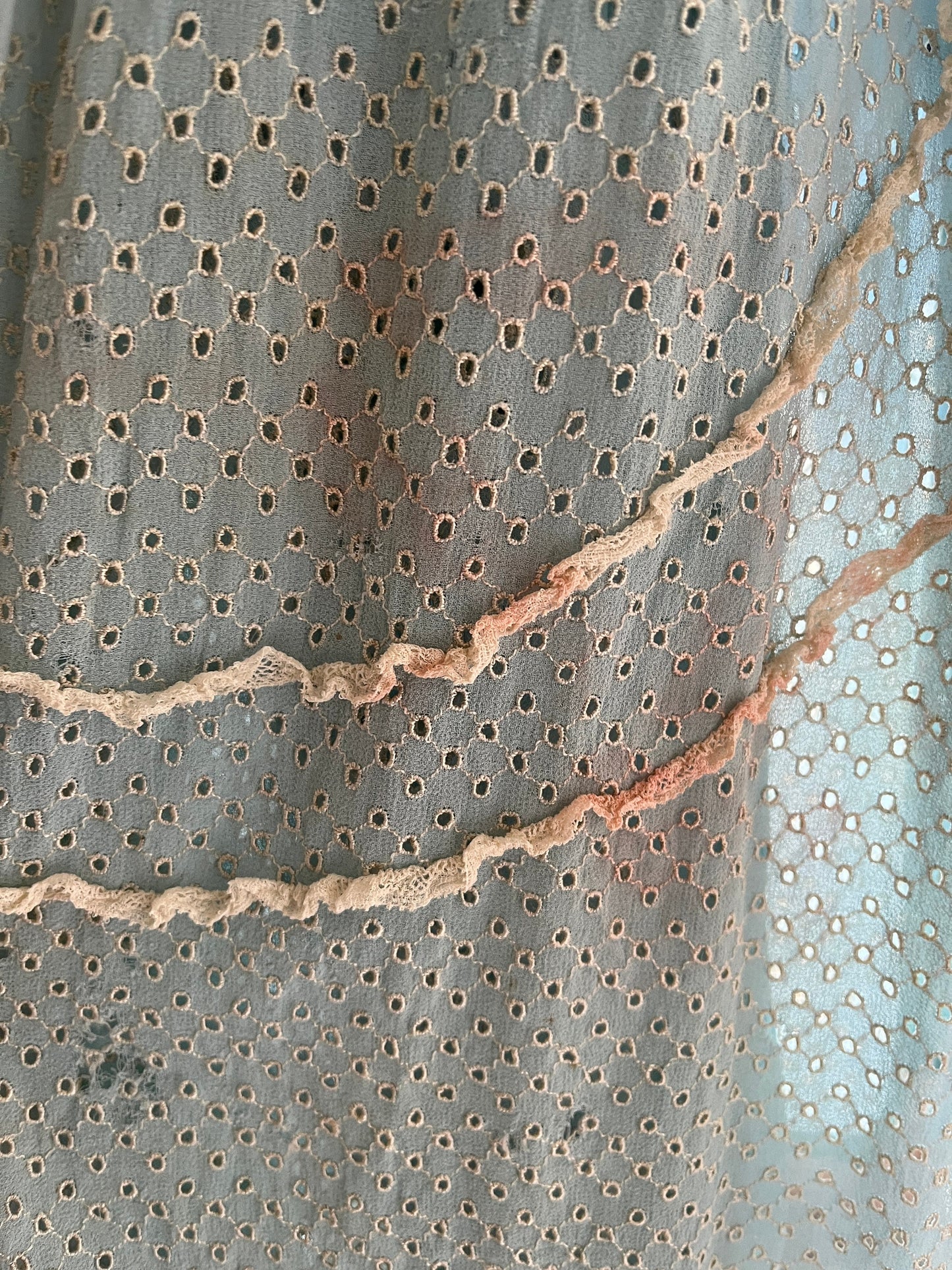 Vintage 1930s Blue Lace Bow Liquid Pure Silk Crepe Embroidered Tailored Handmade Dress