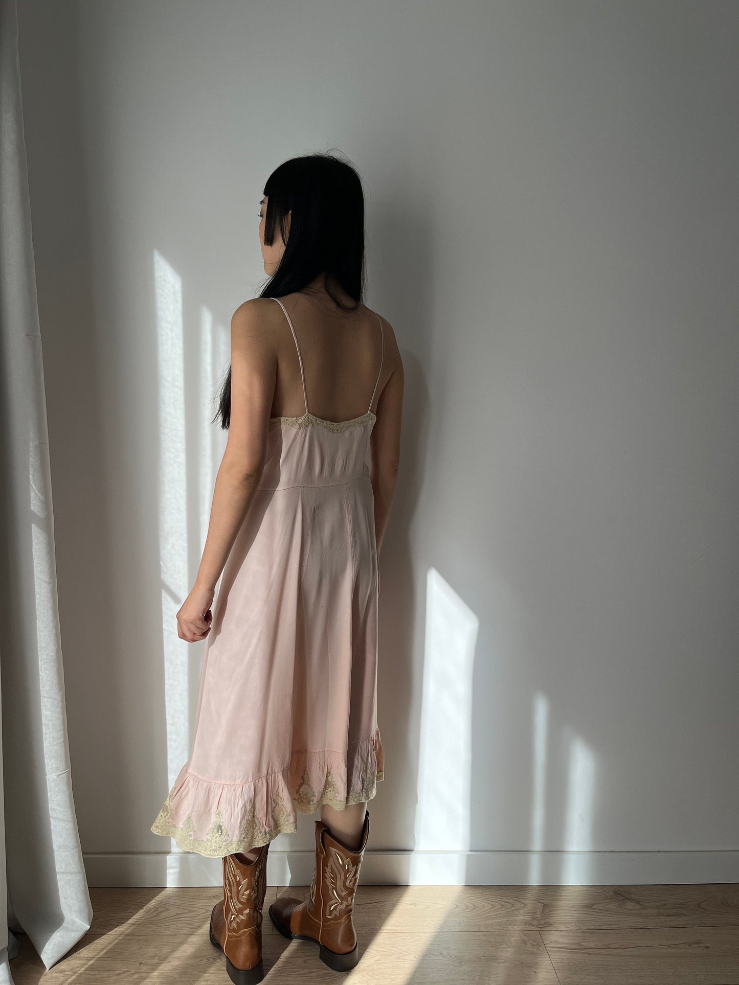 1930s Antique Pastel Pink Lace Liquid Crepe Silk Slip dress, Vintage lace mini dress