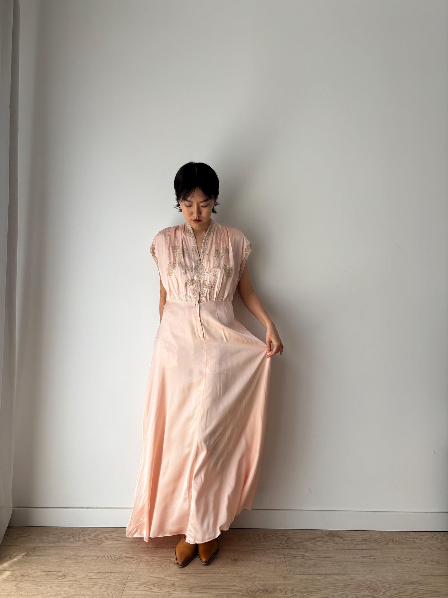 1940s 50s Pale Pink Pure Silk Nightgown 2 Piece Set / Bed Jacket Slip Dress Lingerie Set