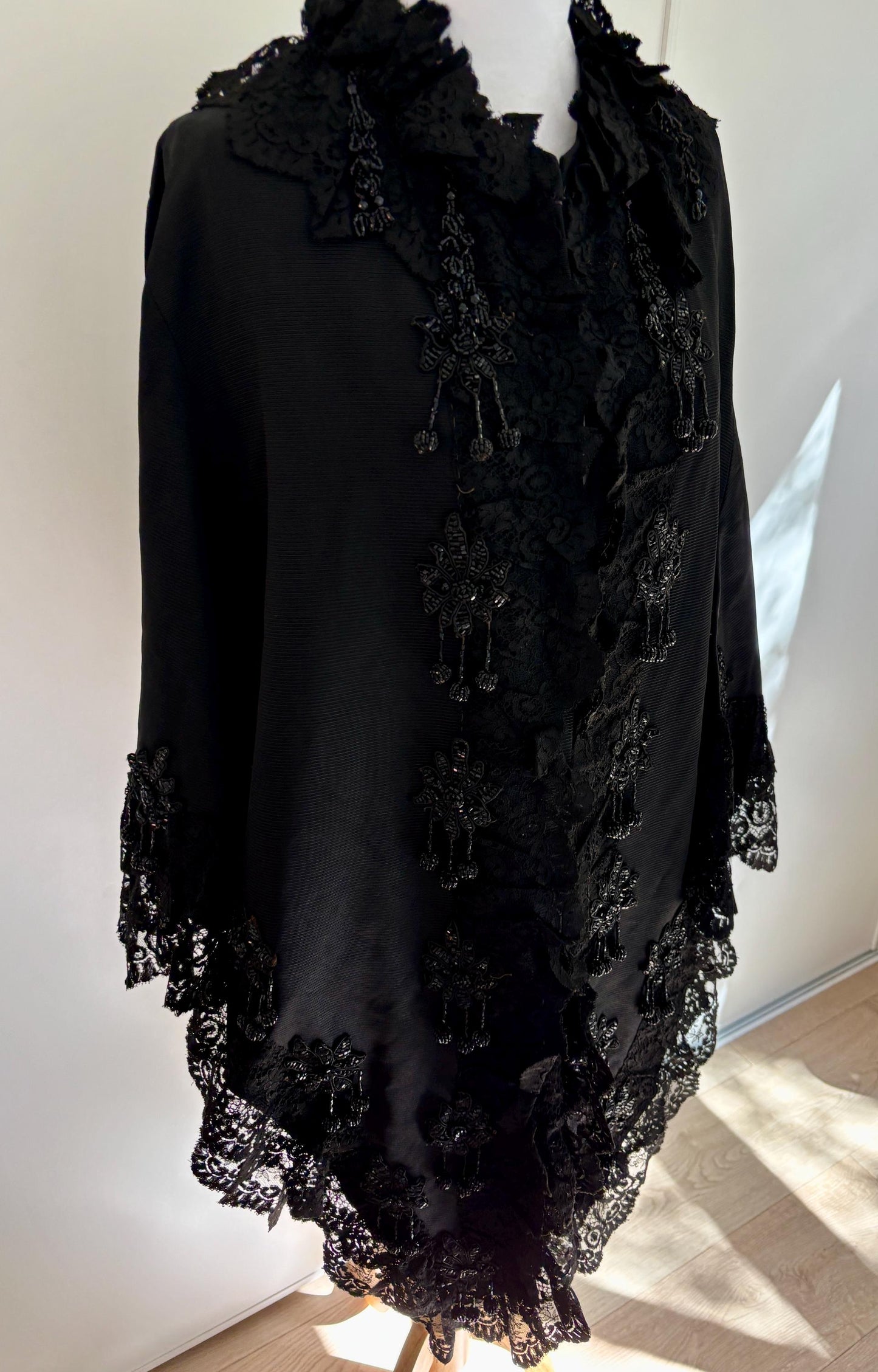 Antique 1900French beaded Silk cape with embroidery, Victorian black cape rich lace