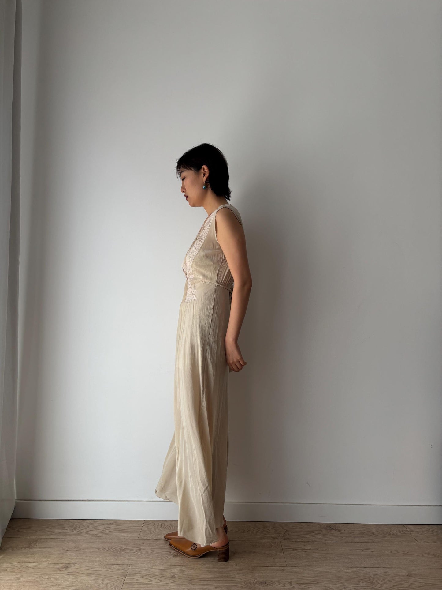 1930s Antique Bridal Lace Bias Cut Negligee Silk Satin Embroidered Nightgown