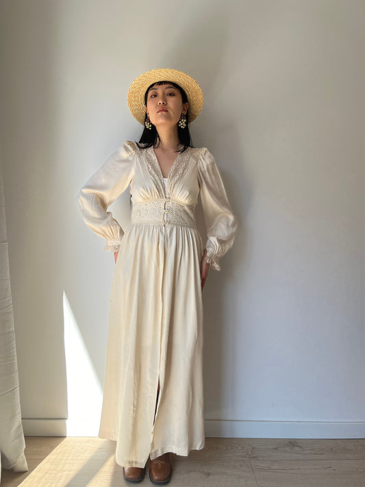 1950s Vintage Bridal Lace Bias Cut Negligee Silk Satin Embroidered Nightgown