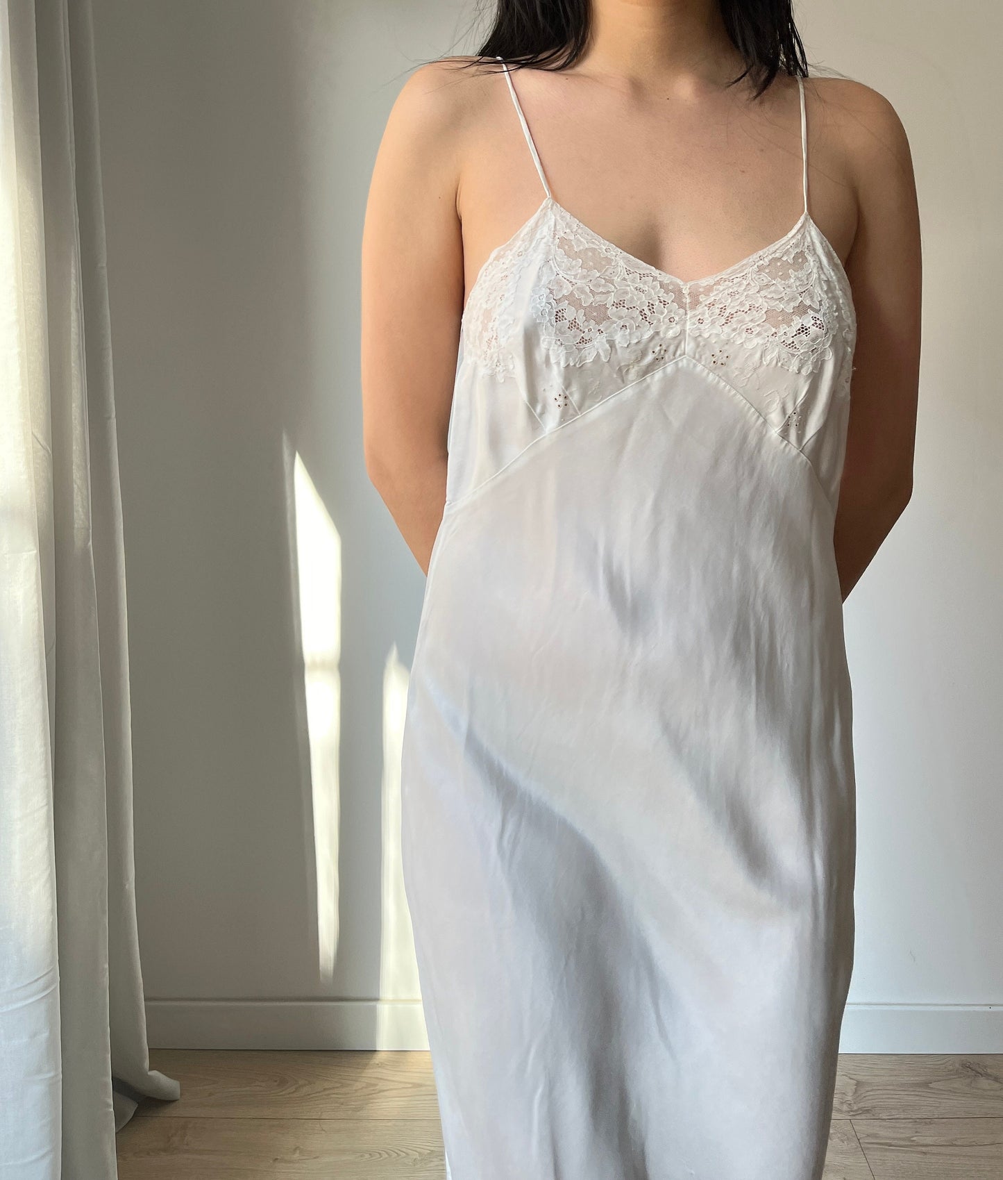 1930s Antique White Lace Liquid Silk Satin Slip dress, Bias cut Vintage lace mini dress