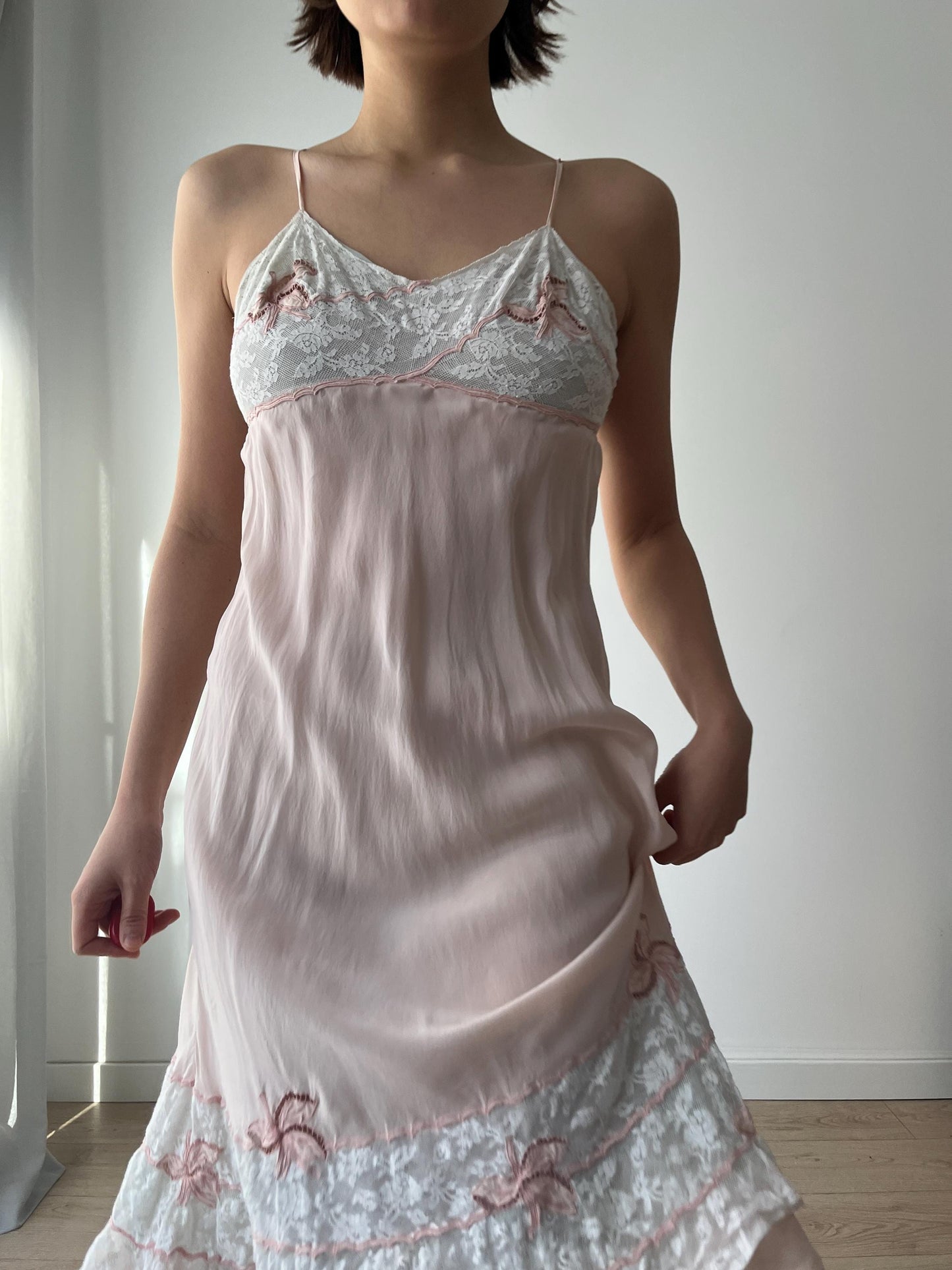 1930s Antique Pastel Pink Lace Liquid Crepe Silk Slip dress, Vintage lace mini dress