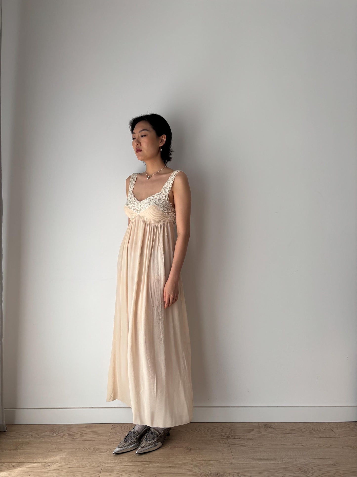 1930s Antique Pure Silk Crepe Embroidered Romantic Lace Bridal Dress