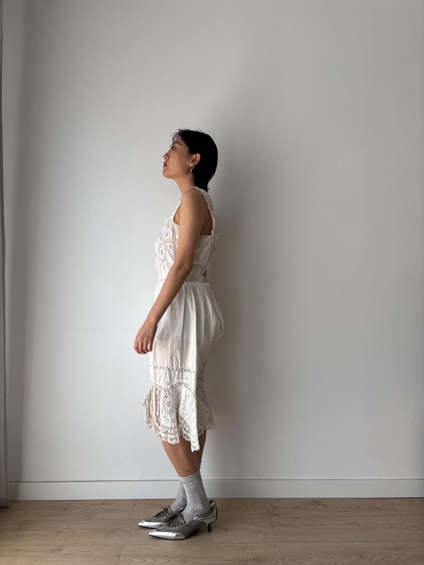 Antique 1910s Edwardian White Cotton  Floral Embroidered Lace Jumpsuit Romper, One Piece Cami Split Crotch Pantaloons with Broderie Anglaise