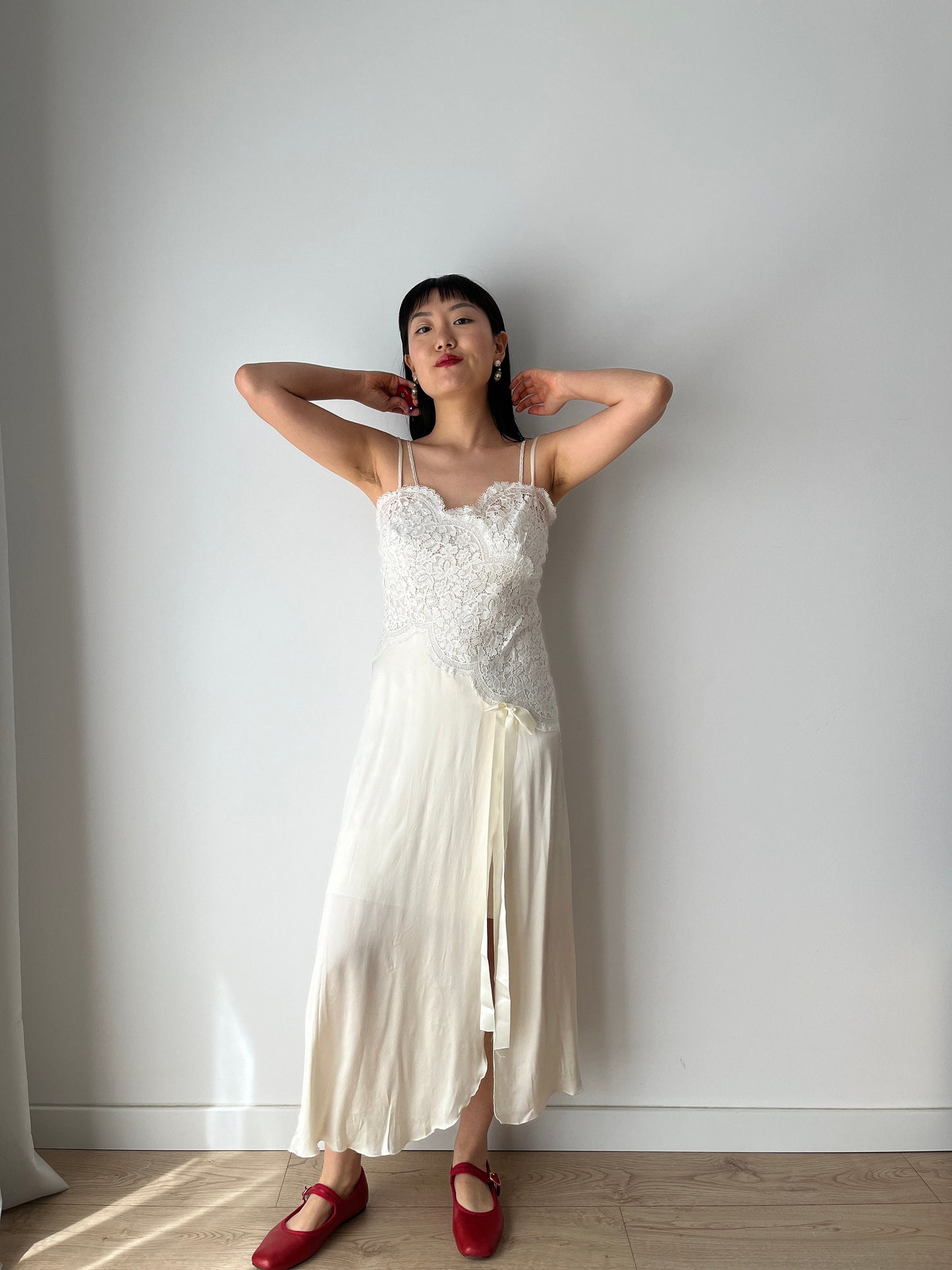 Vintage 90s Y2K liquid silk satin white embroidered slip long maxi camisole dress