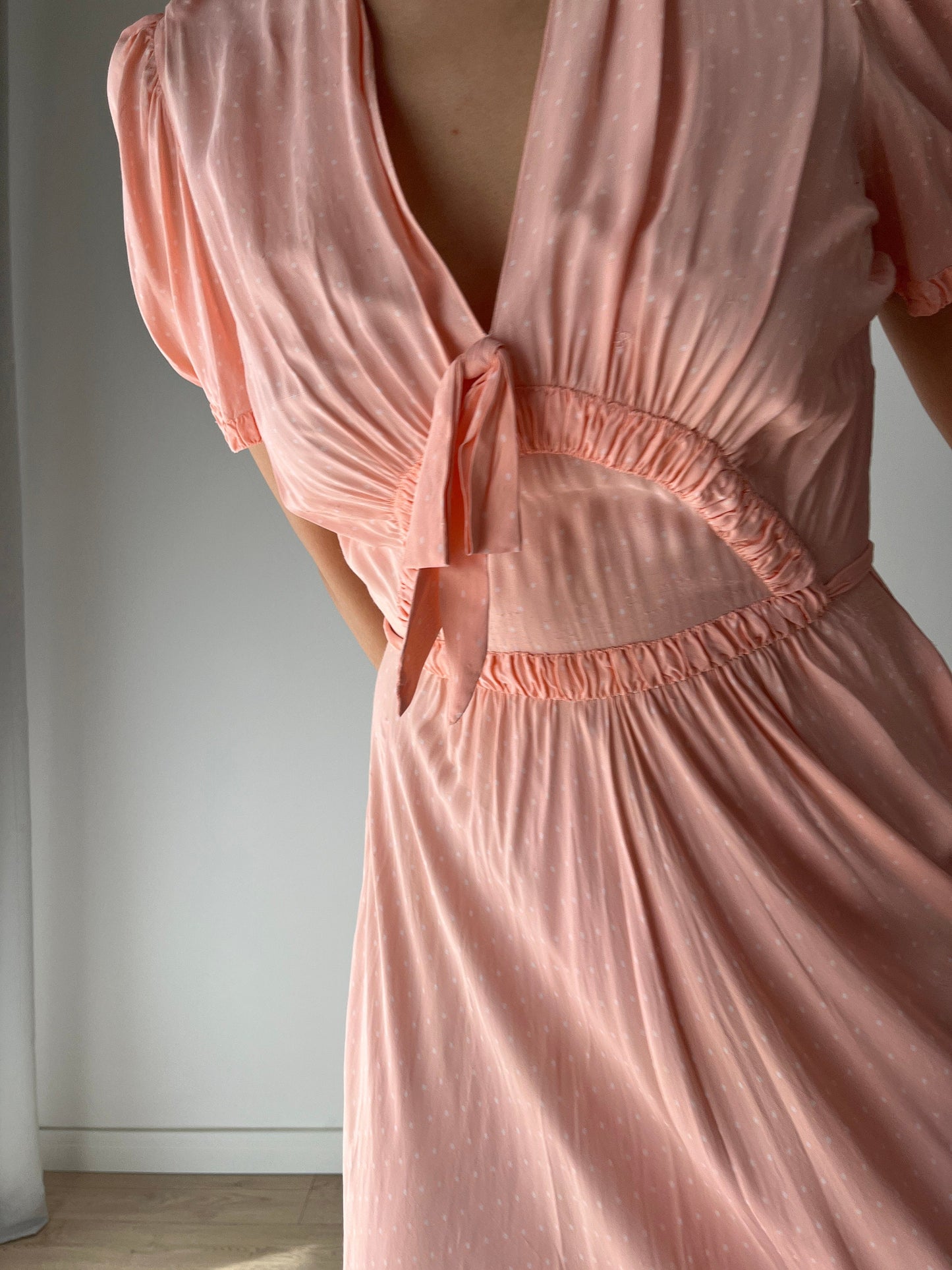 1940s Antique Bias Cut Pastel Pink Rayon Dots Print Bow Dress