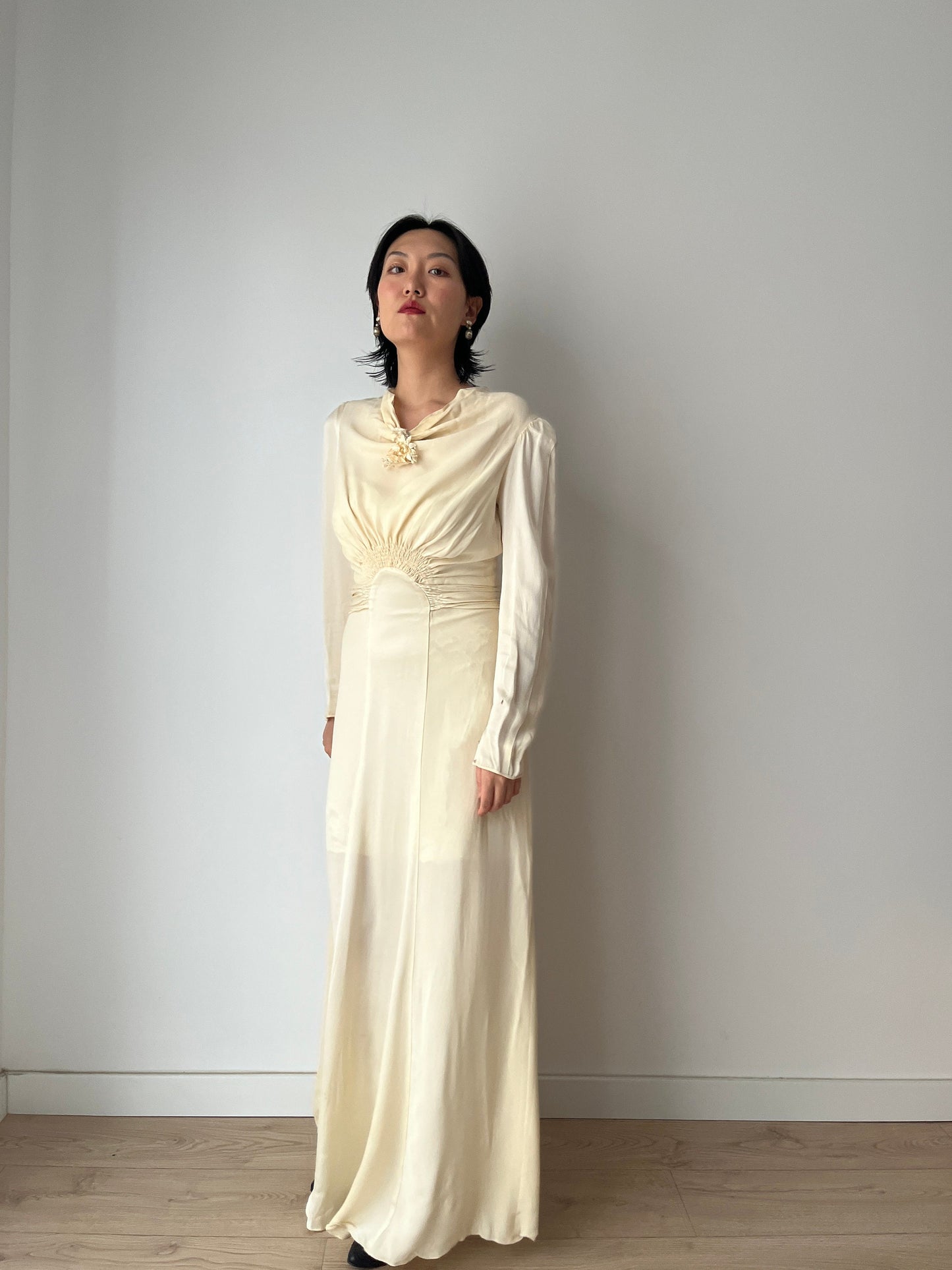 1930s Antique Bridal Lace Bias Cut Negligee Silk Satin Embroidered Wedding Dress