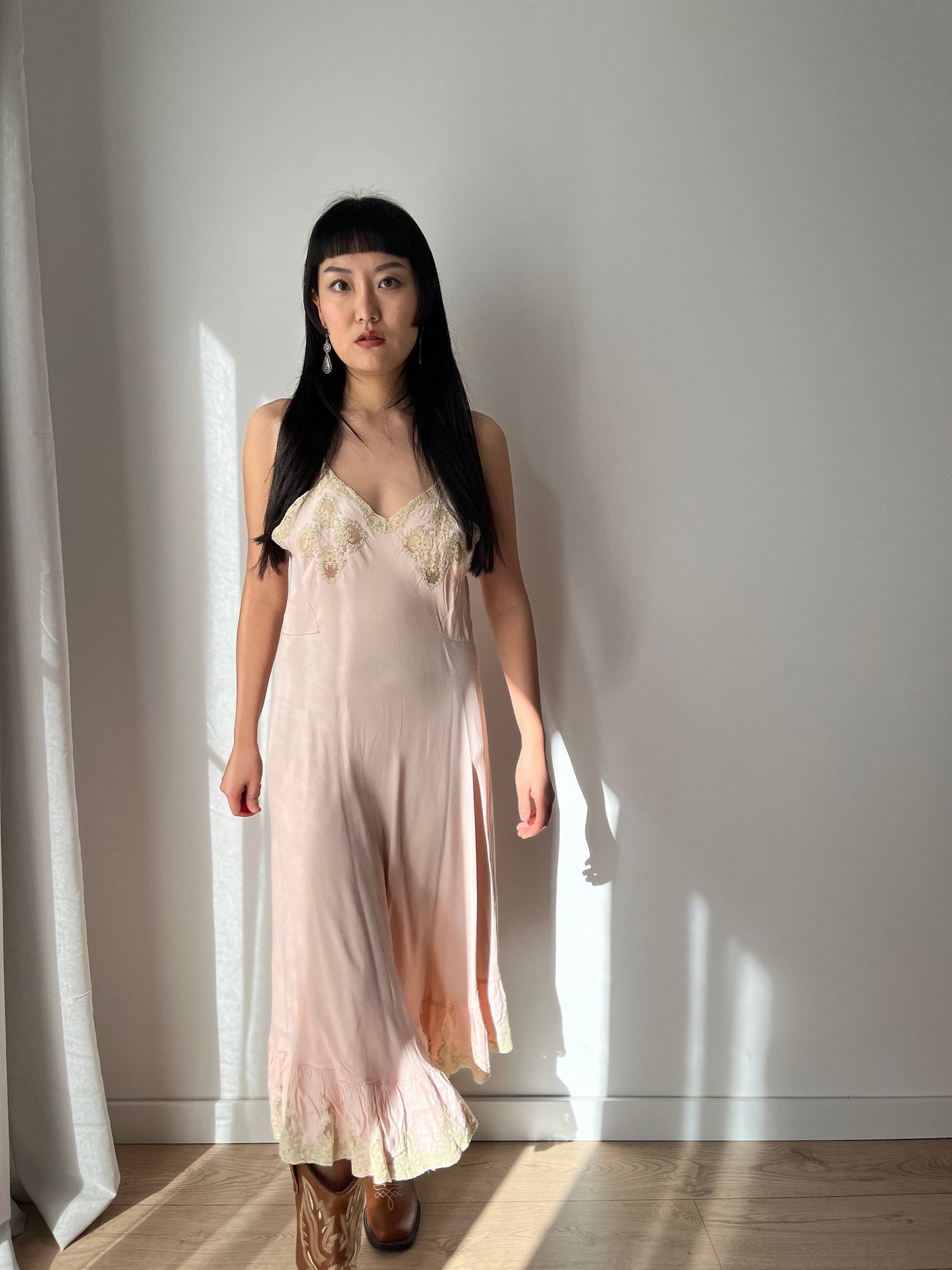 1930s Antique Pastel Pink Lace Liquid Crepe Silk Slip dress, Vintage lace mini dress