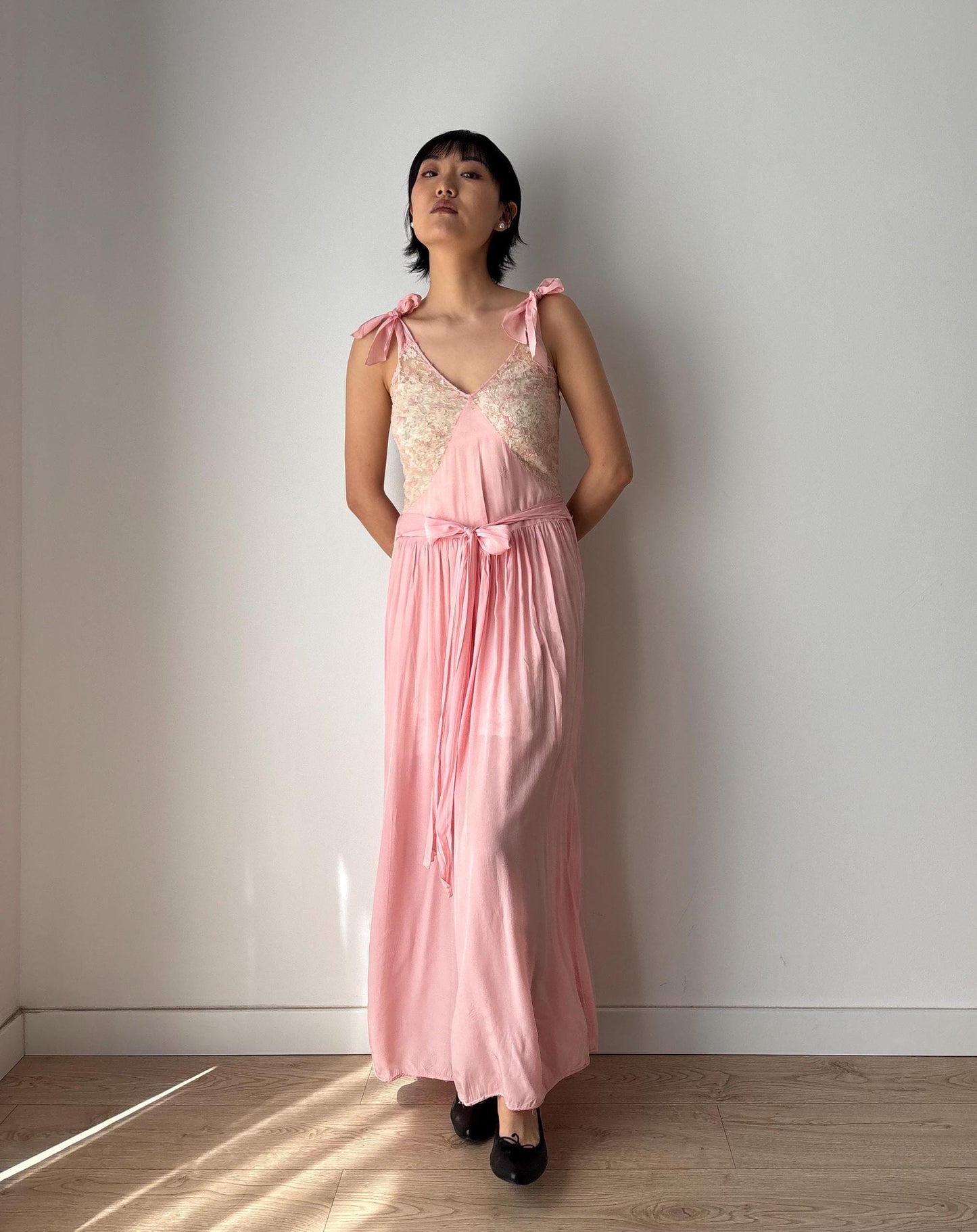 1930s Antique Pink Pure Silk Crepe Lace Nightgown with waist belt