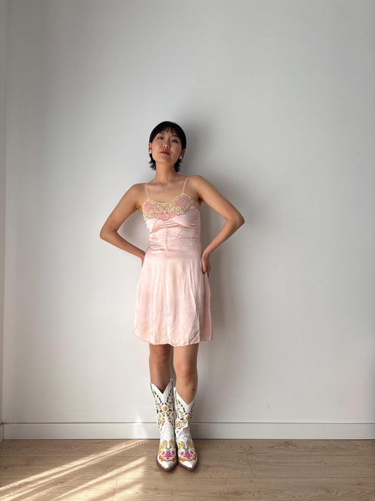 1920s Pink peach Lace Liquid Silk lace Embroidered Camisole, 30s Slip Dress