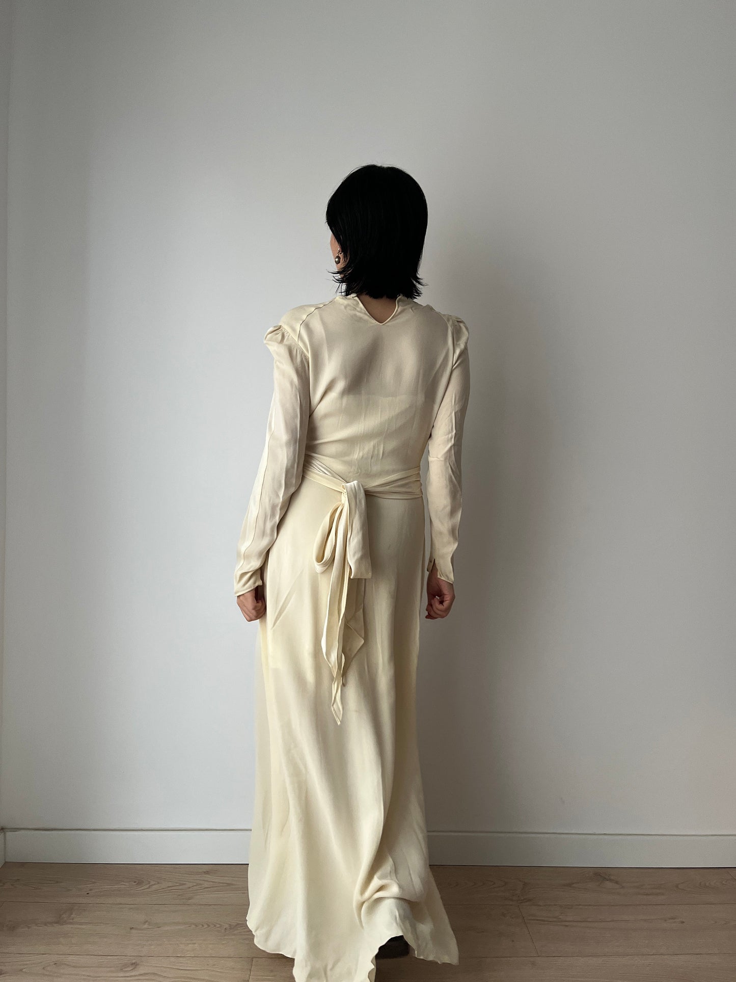 1930s Antique Bridal Lace Bias Cut Negligee Silk Satin Embroidered Wedding Dress