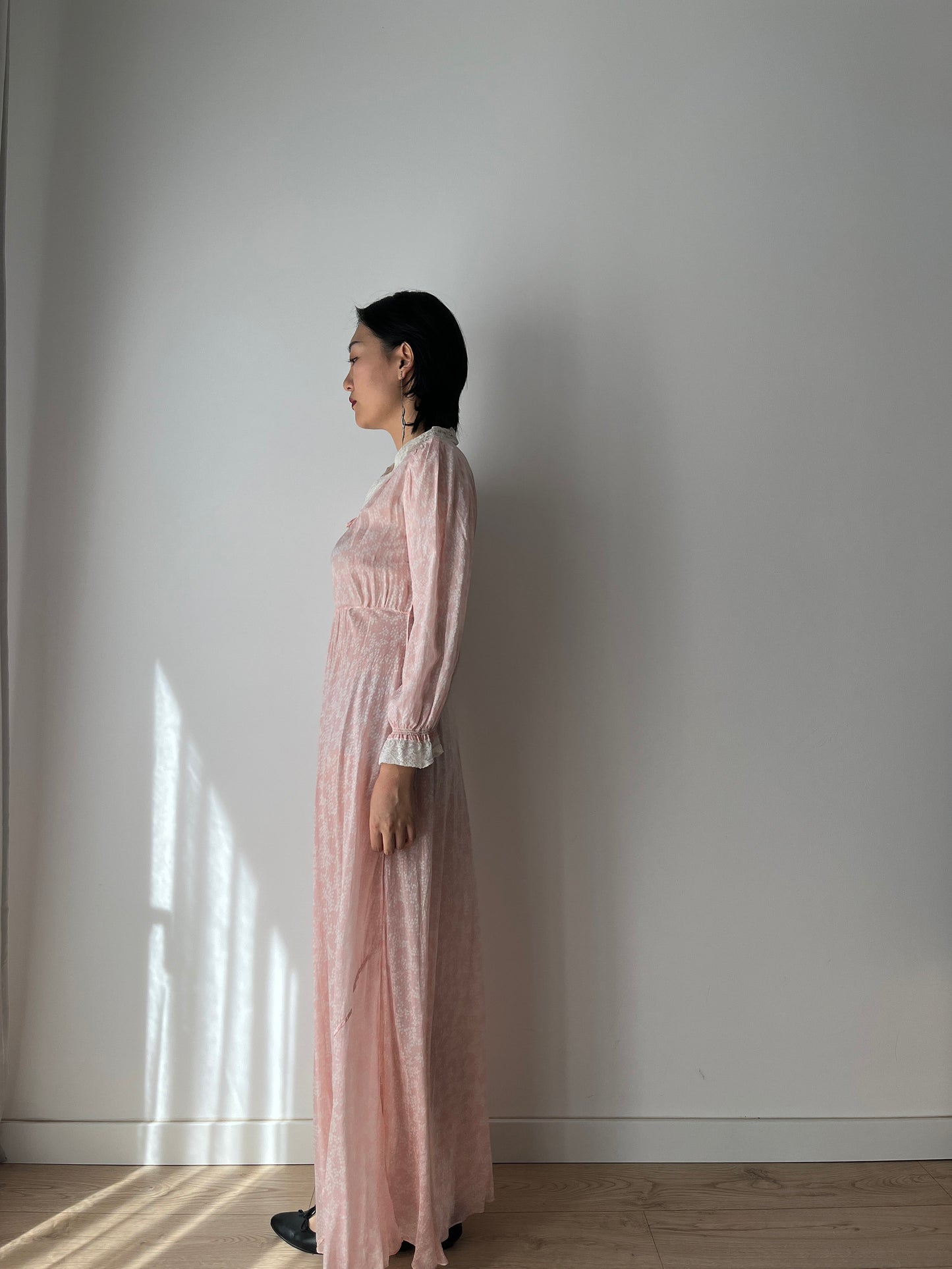 Antique 1940s bias cut liquid pure silk chiffon nightdress, Embroidered art deco pink maxi dress