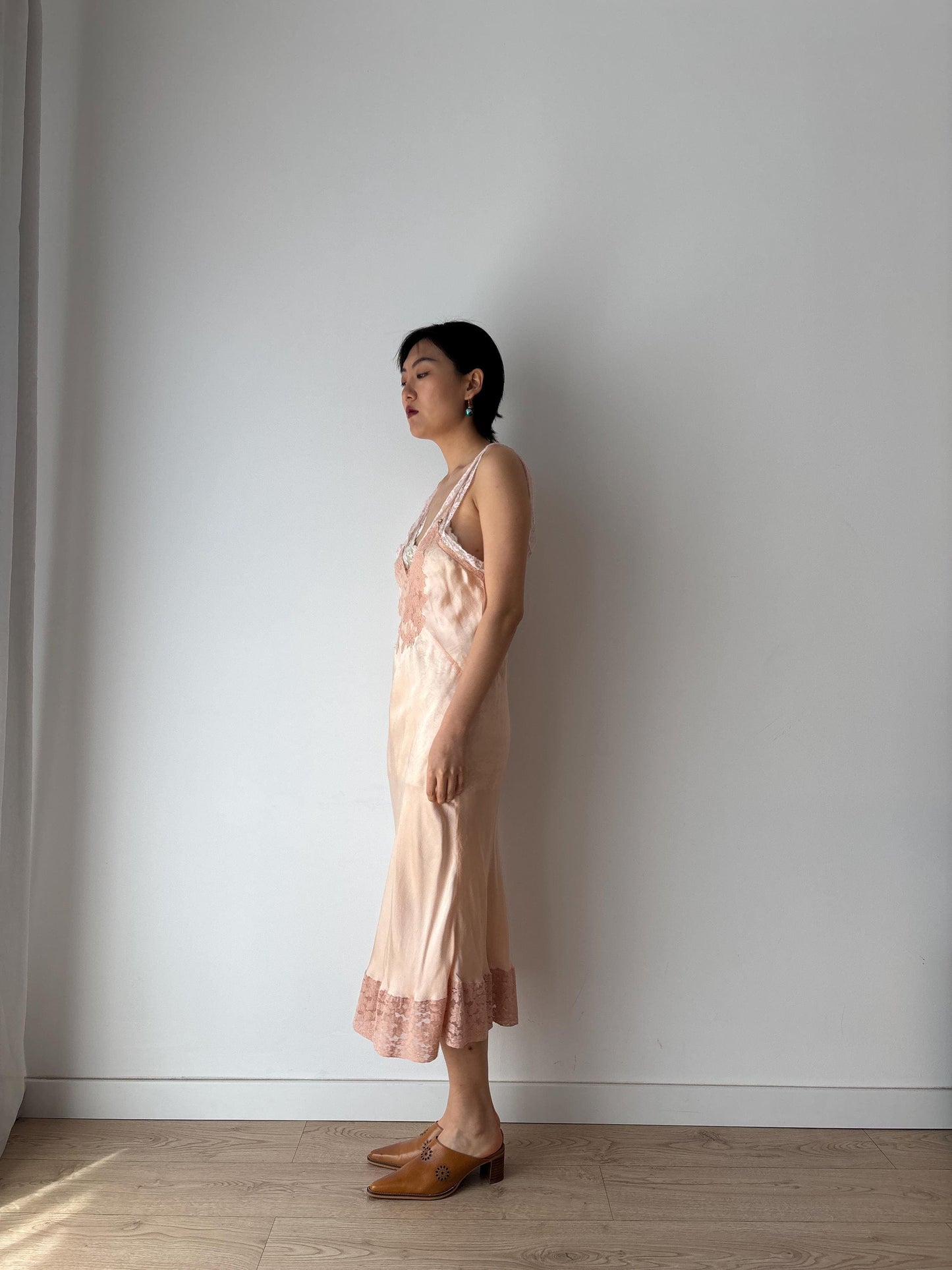 1930s 1940s Antique Pink Lace Liquid Silk Slip Romantic dress, Vintage lace mini dress