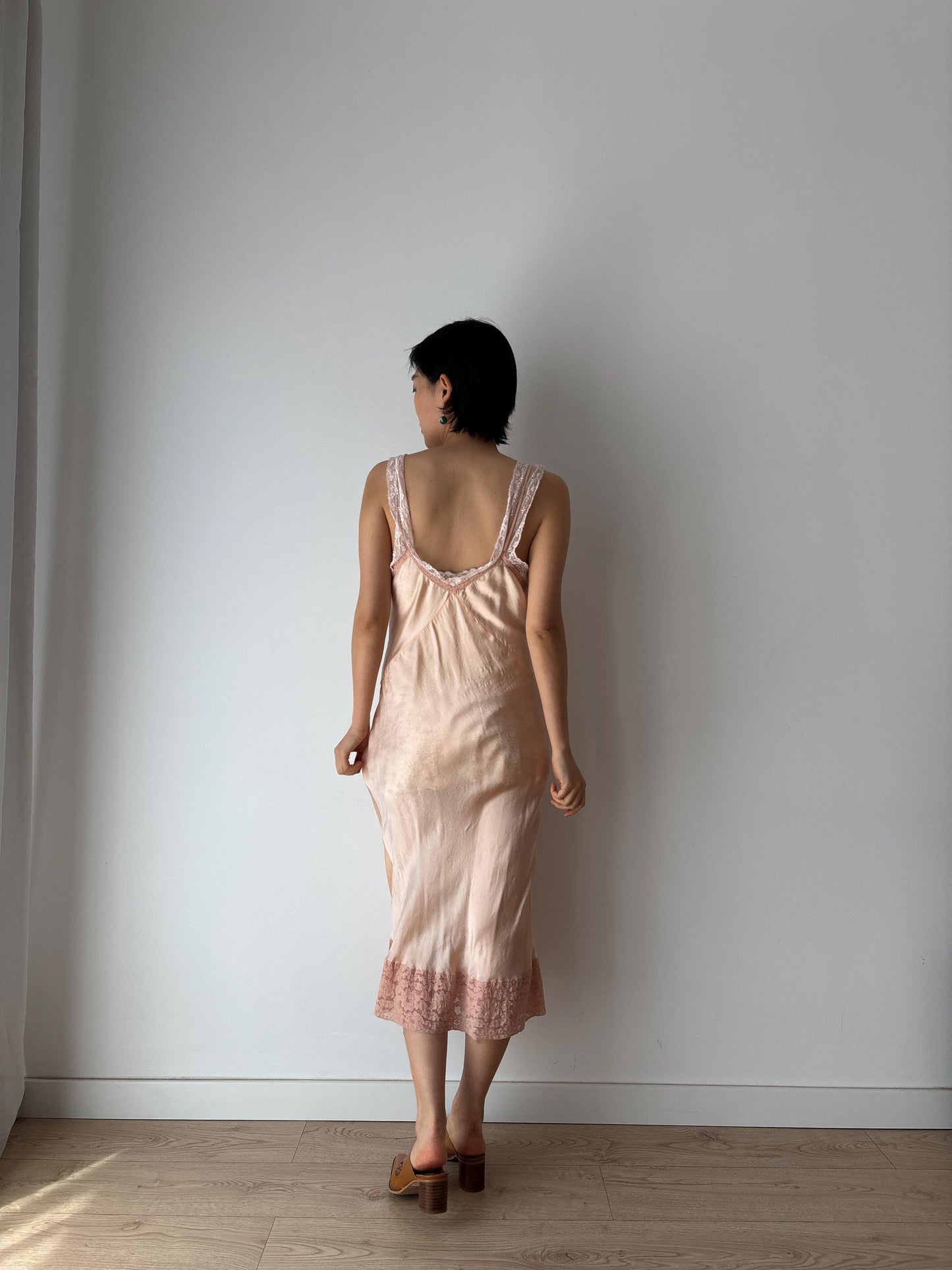 1930s 1940s Antique Pink Lace Liquid Silk Slip Romantic dress, Vintage lace mini dress