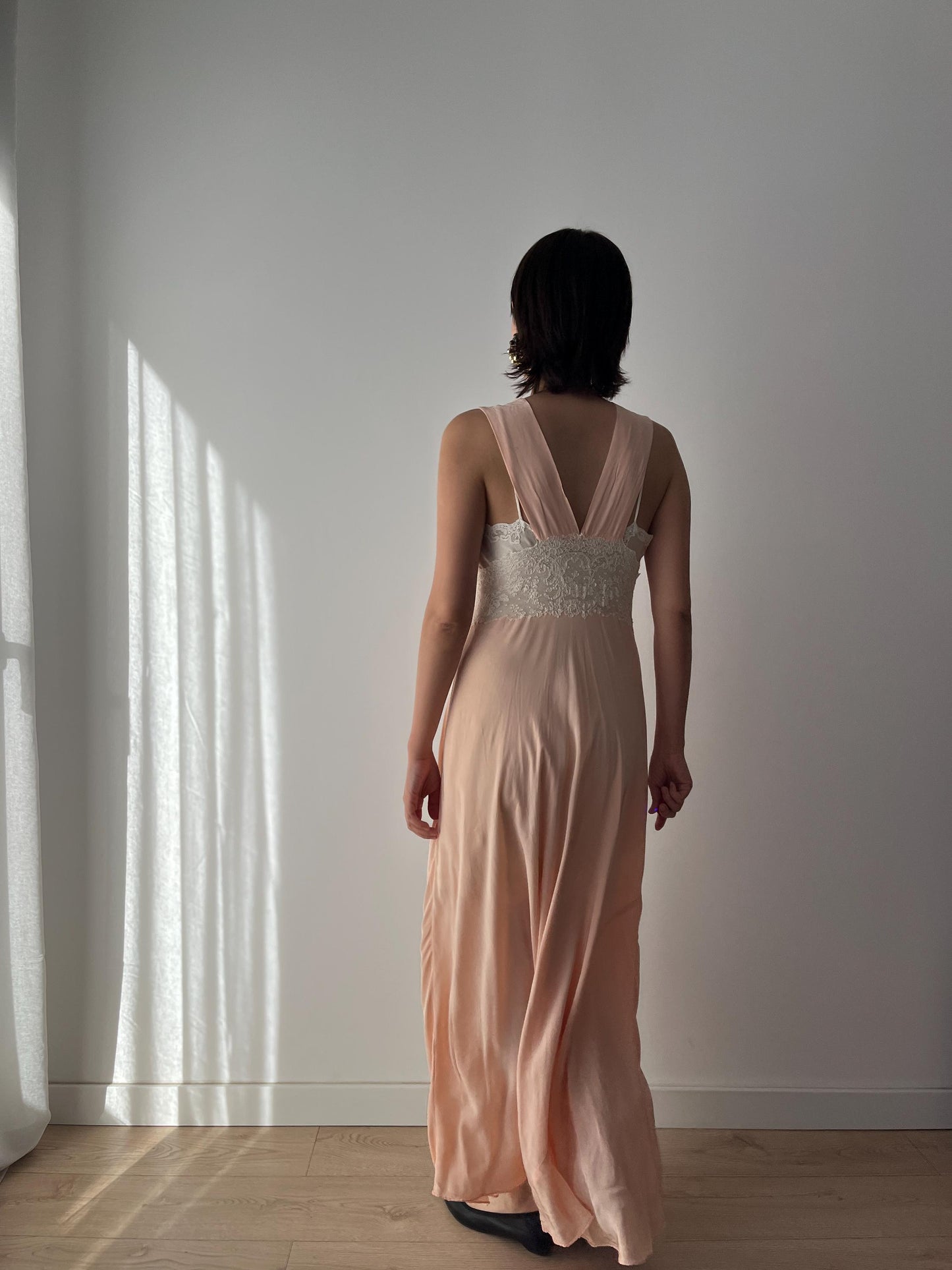 1930s Antique Peach Pure Silk Crepe Lace Nightgown Maxi Dress