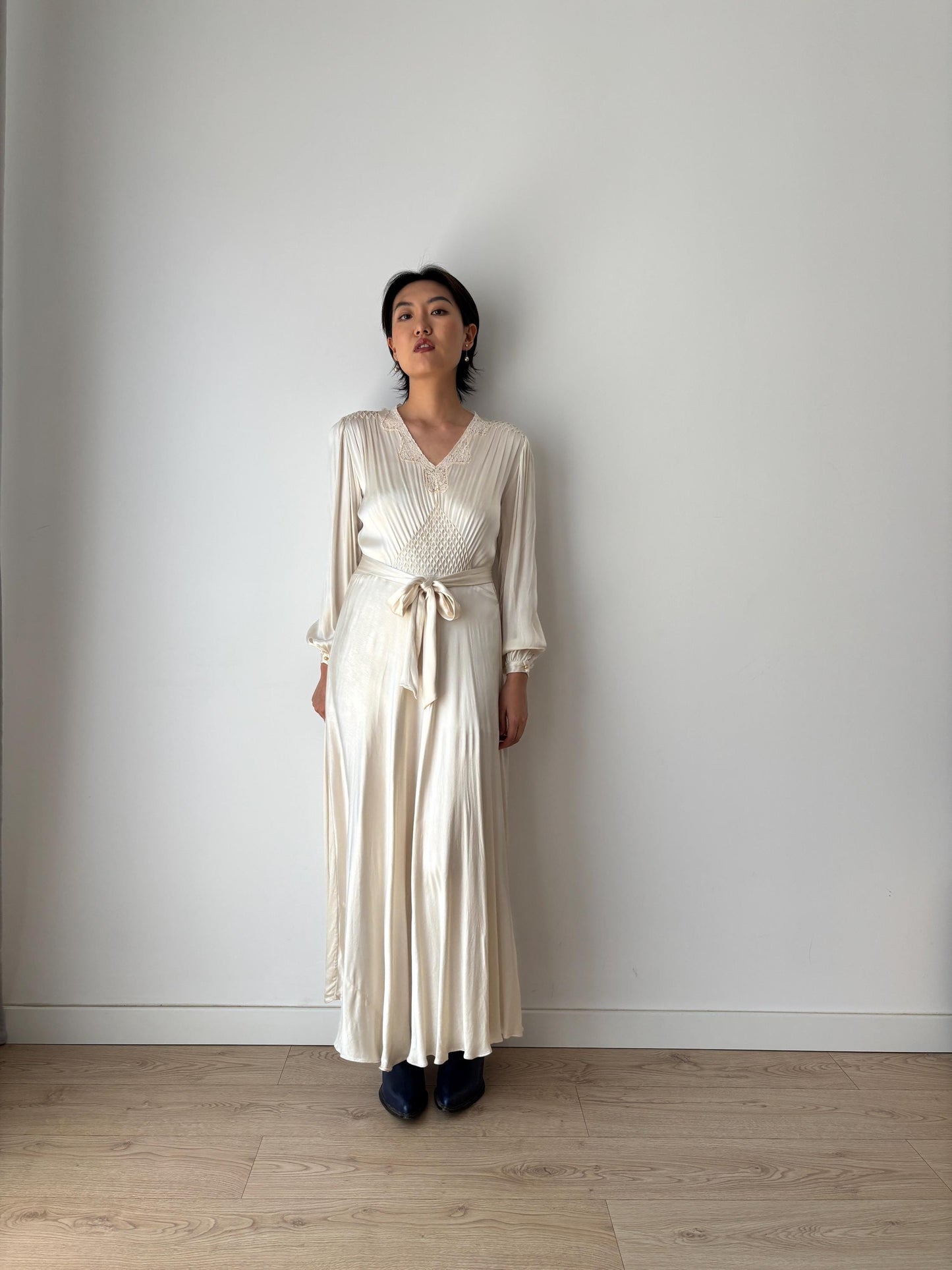 1930s Antique Lace Bridal 100% Silk Liquid Satin Long Maxi dress