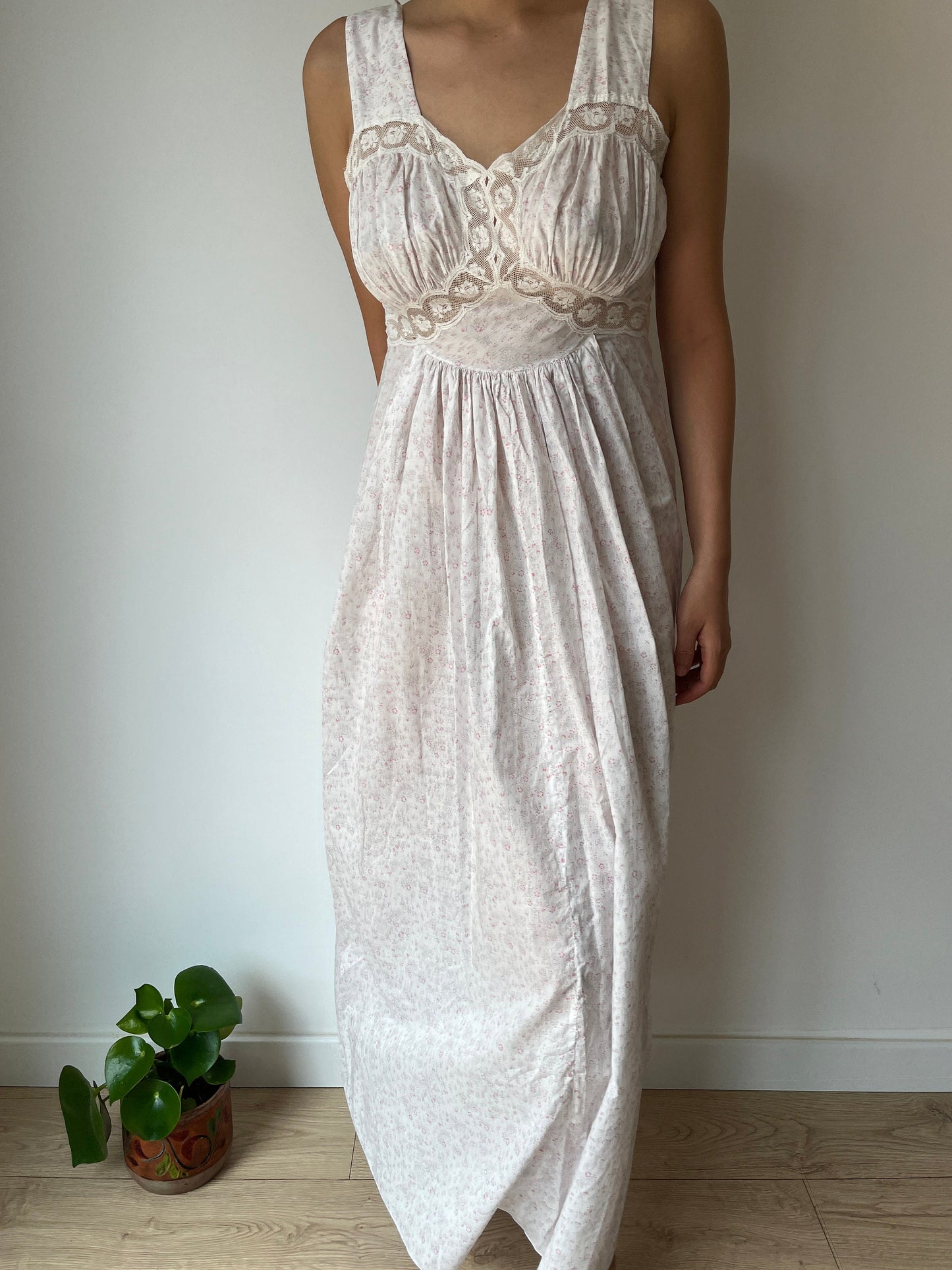 vintage 1950s pink floral print cotton lace ribbon art deco dress, romantic parisian nightgown