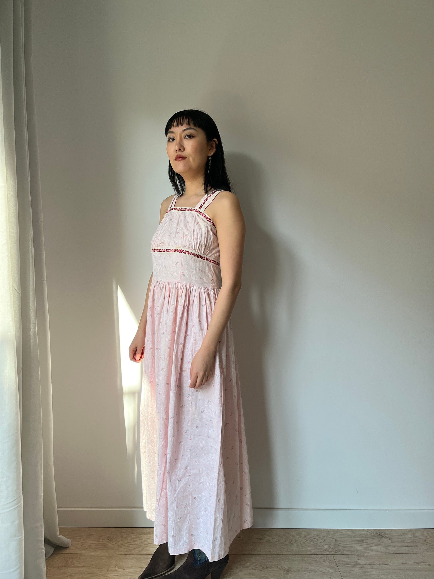 vintage 1940s blue pink floral print cotton lace summer dress, 1950s romantic parisian maxi slip dress