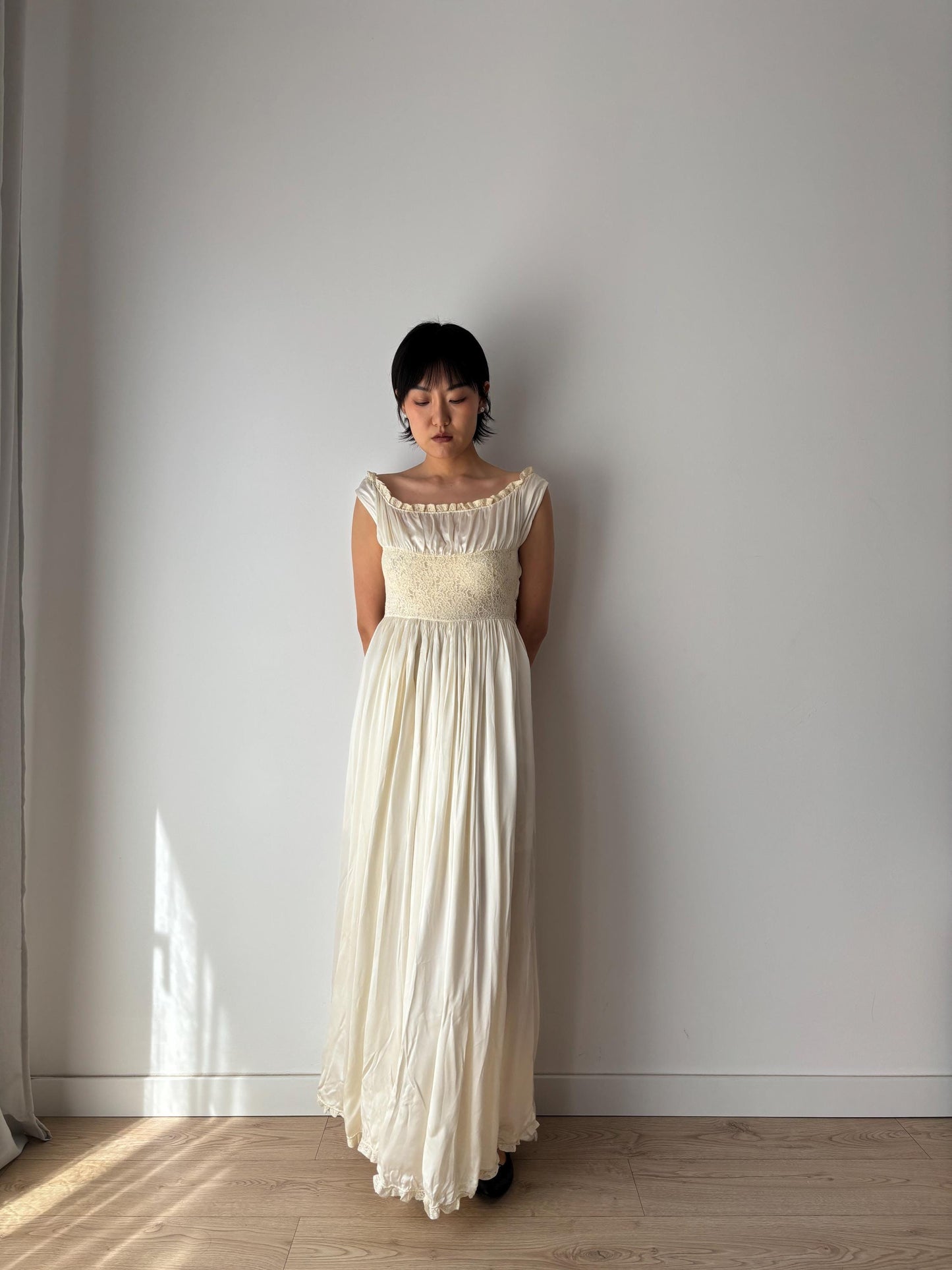 1930s Antique Satin Silk Heavy Lace Bridal Wedding Dress, Liquid Art deco Nightdress