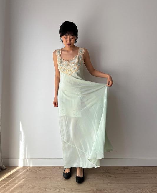 vintage 1940 mint pastel green lace silk crepe nightgown, cottagecore bridal dress, Antique green maxi dress