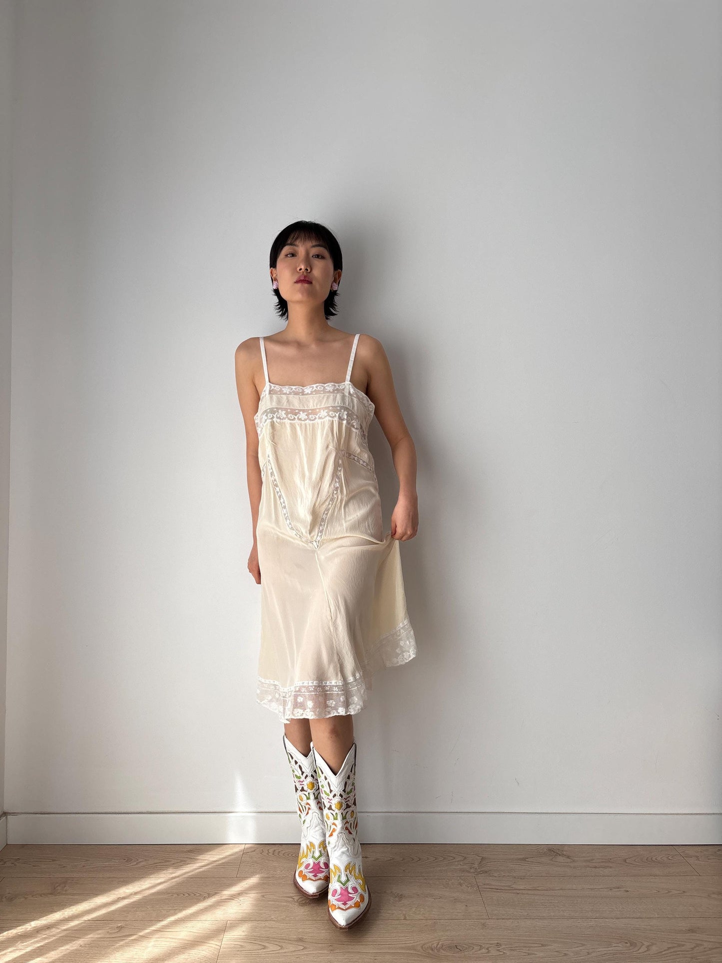 1920s 1930s Antique White Silk Edwardian Victorian Lace Slip dress