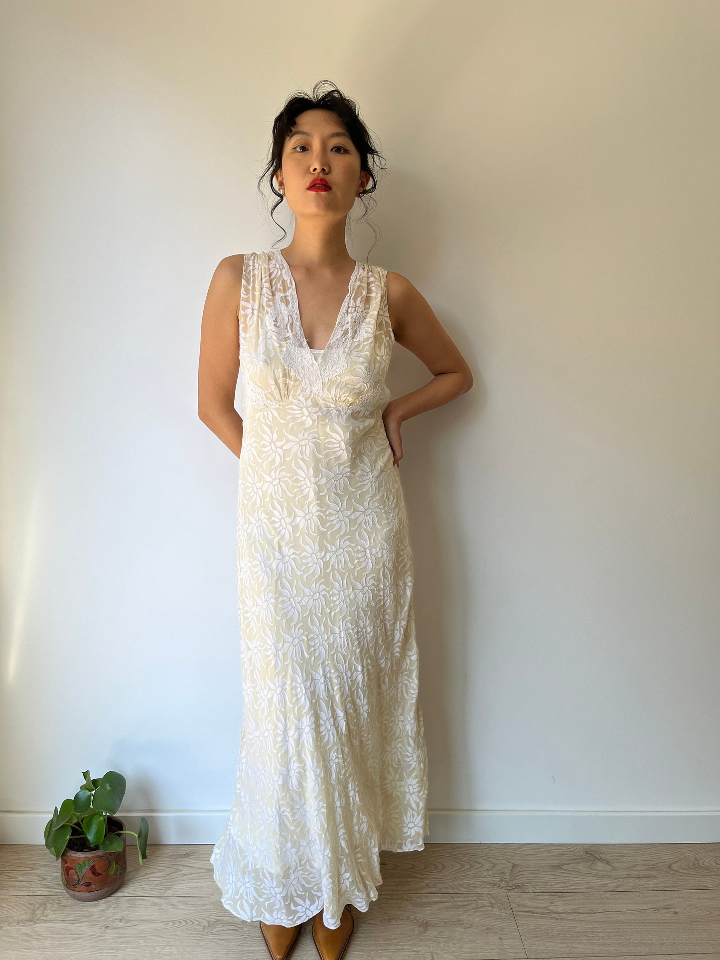 1930s Antique Bridal Lace Bias Cut Negligee Silk Satin Embroidered Nightgown